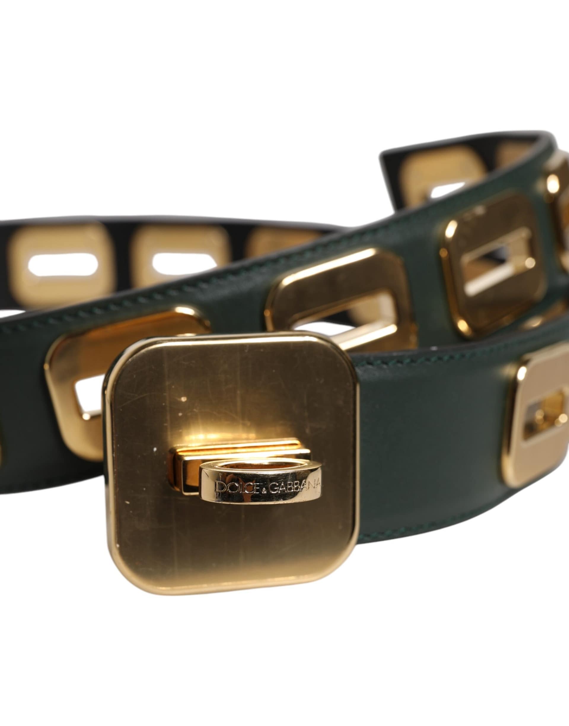 Dolce & Gabbana Green Leather Gold Tone Rotating Buckle Belt - Image 6