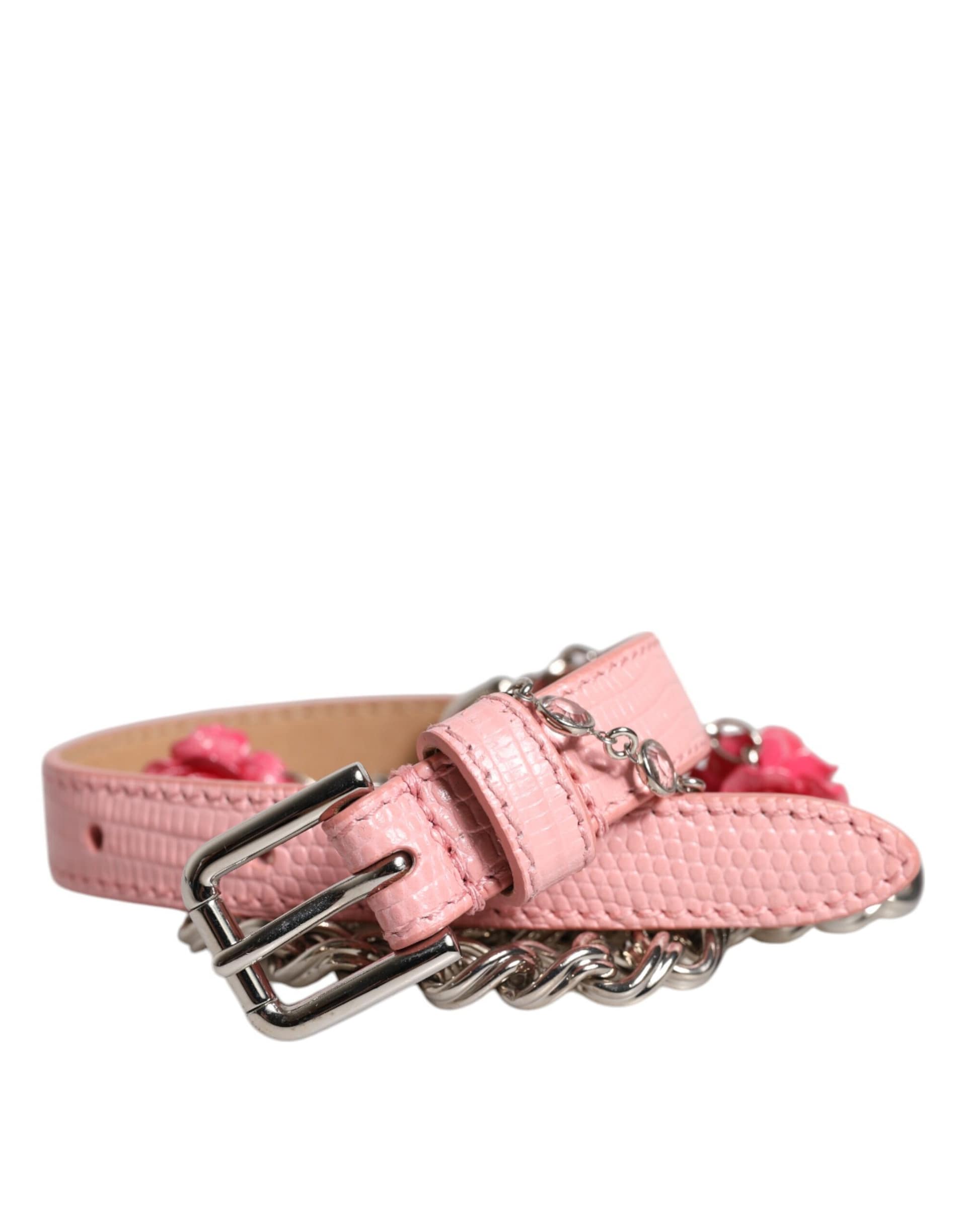 Dolce & Gabbana Pink Embelished Roses Textured Leather Belt - Image 2