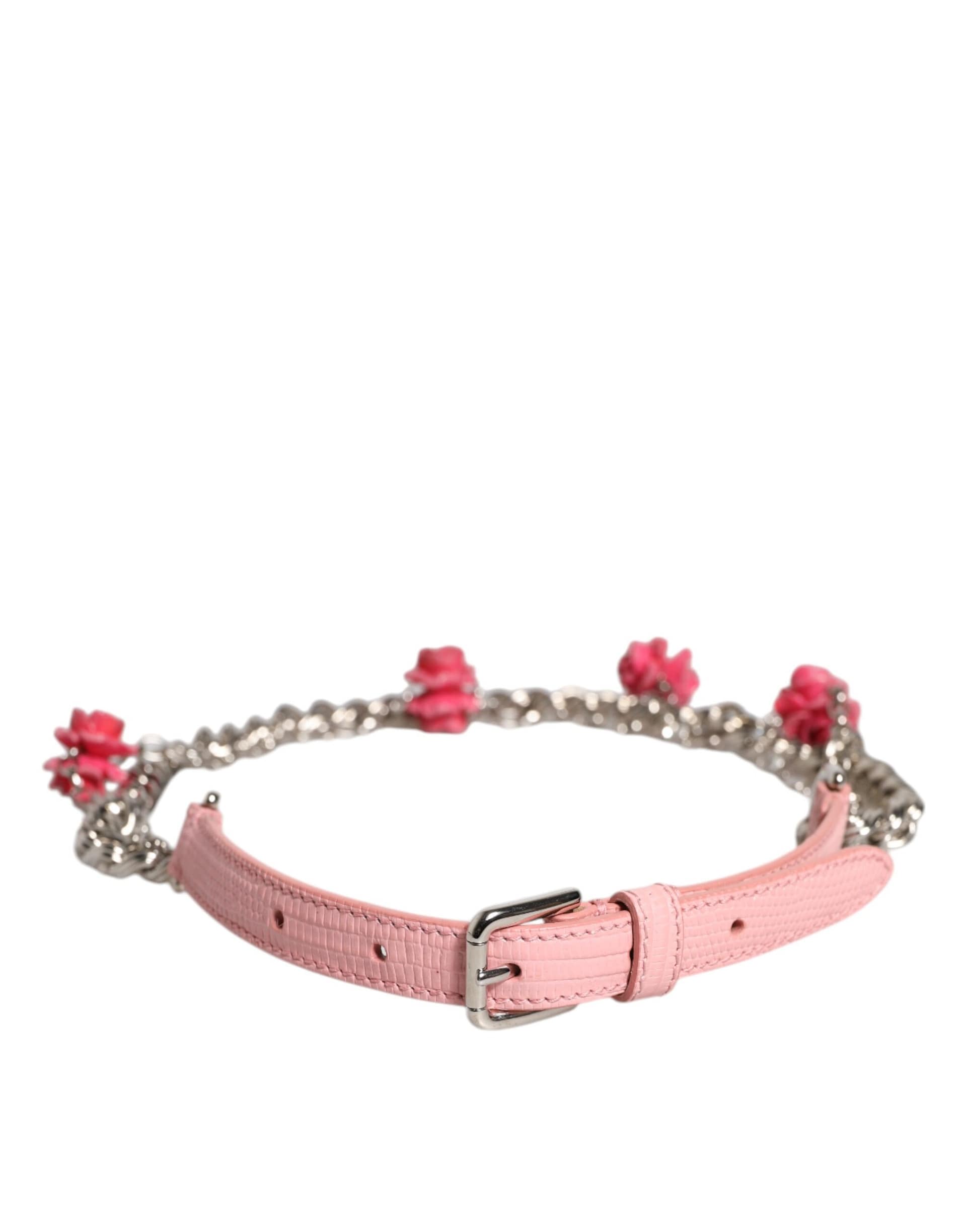 Dolce & Gabbana Pink Embelished Roses Textured Leather Belt - Image 3