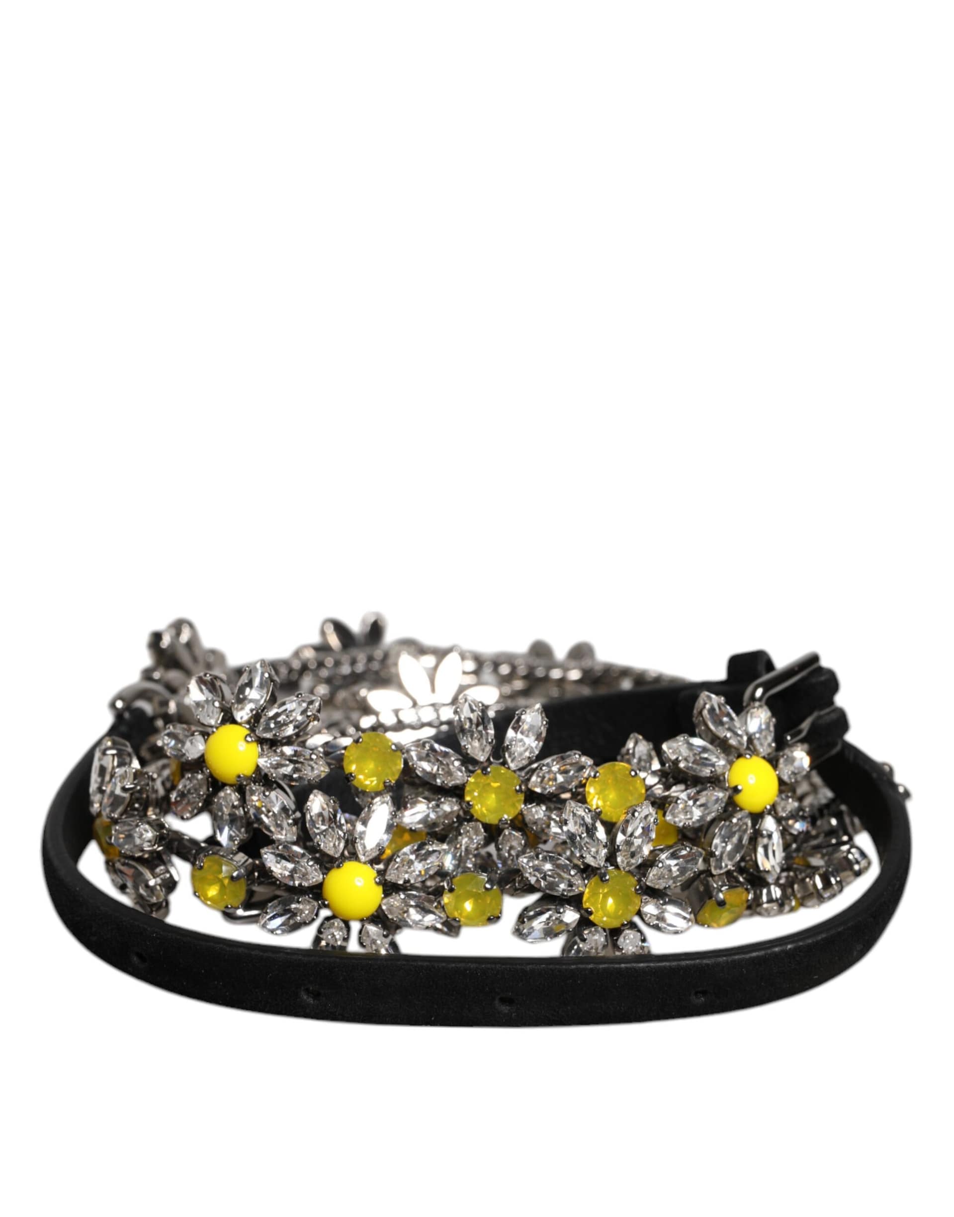 Dolce & Gabbana Black Leather Daisy Crystal Embellish Waist Belt - Image 2
