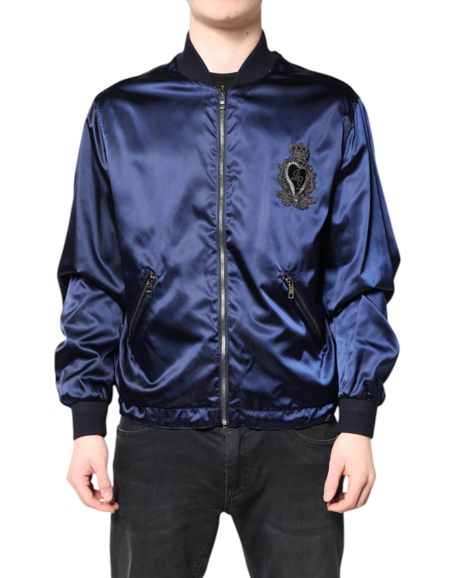 Dolce & Gabbana Blue Nylon DG Crown Full Zip Bomber Jacket - Image 2