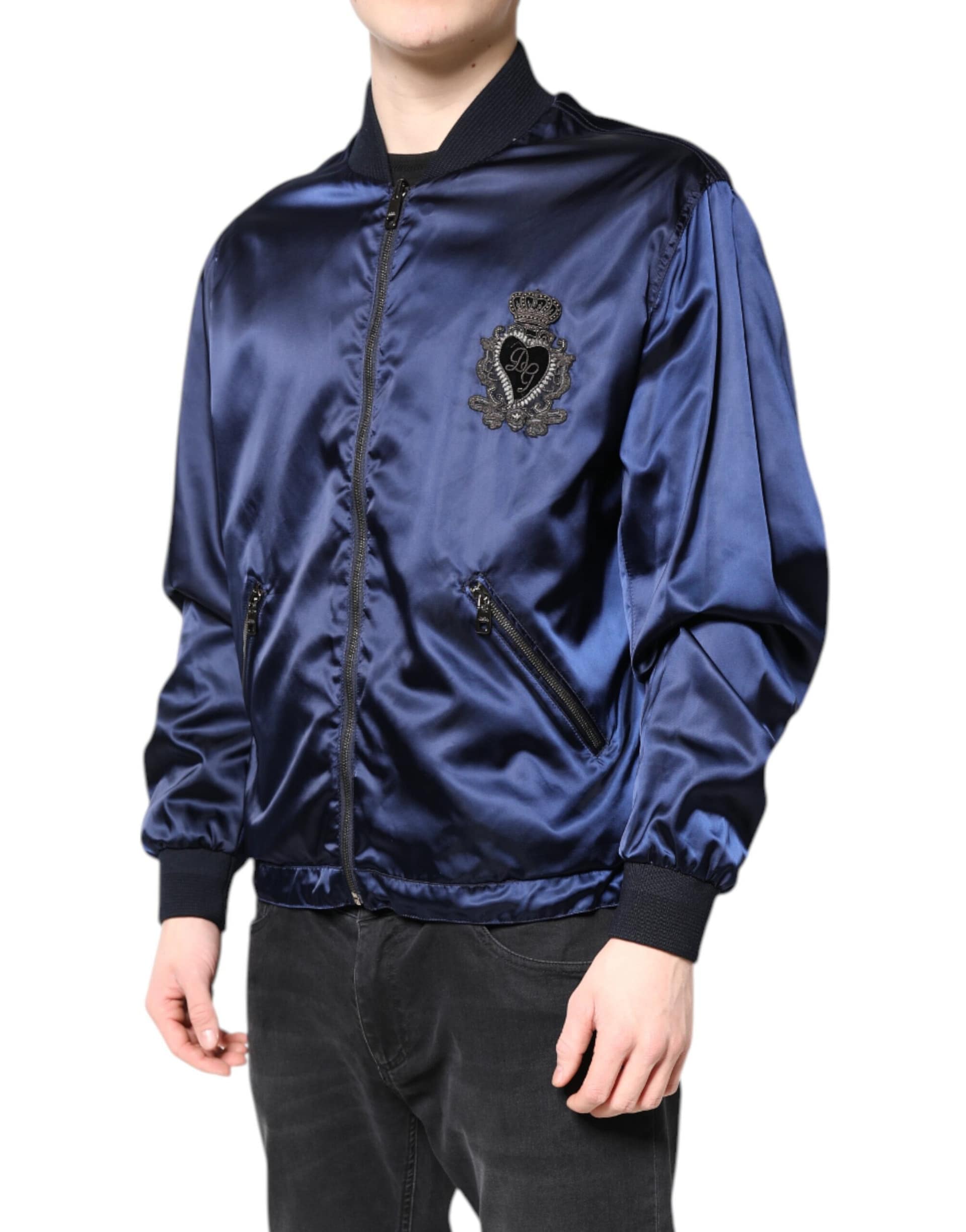 Dolce & Gabbana Blue Nylon DG Crown Full Zip Bomber Jacket - Image 3