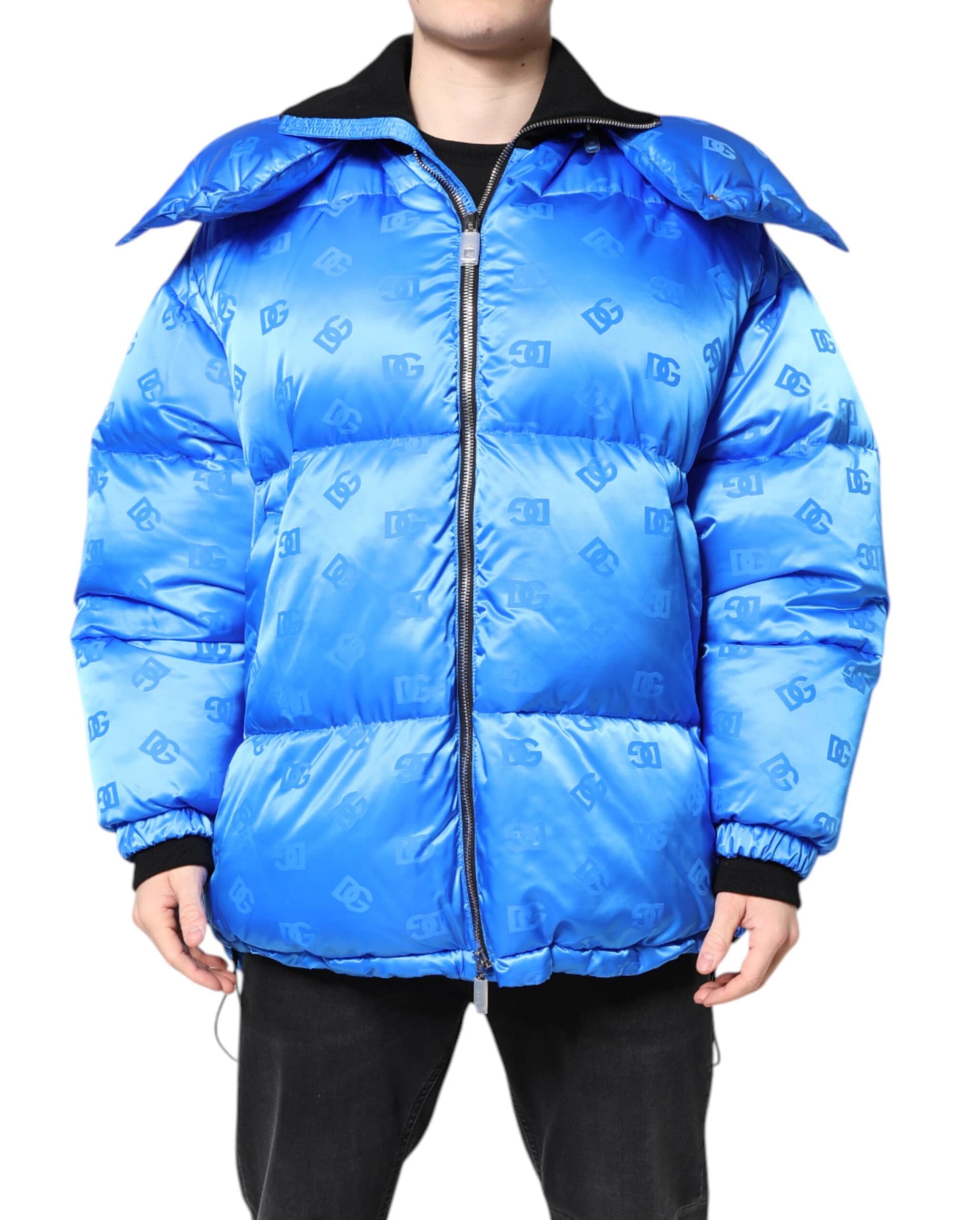 Dolce & Gabbana Blue Logo Full Zip Hooded Quilted Jacket - Image 2