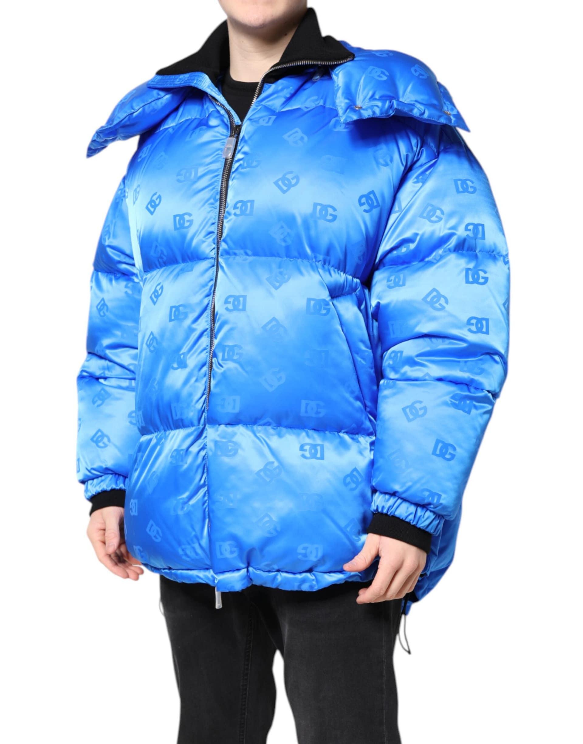 Dolce & Gabbana Blue Logo Full Zip Hooded Quilted Jacket - Image 3