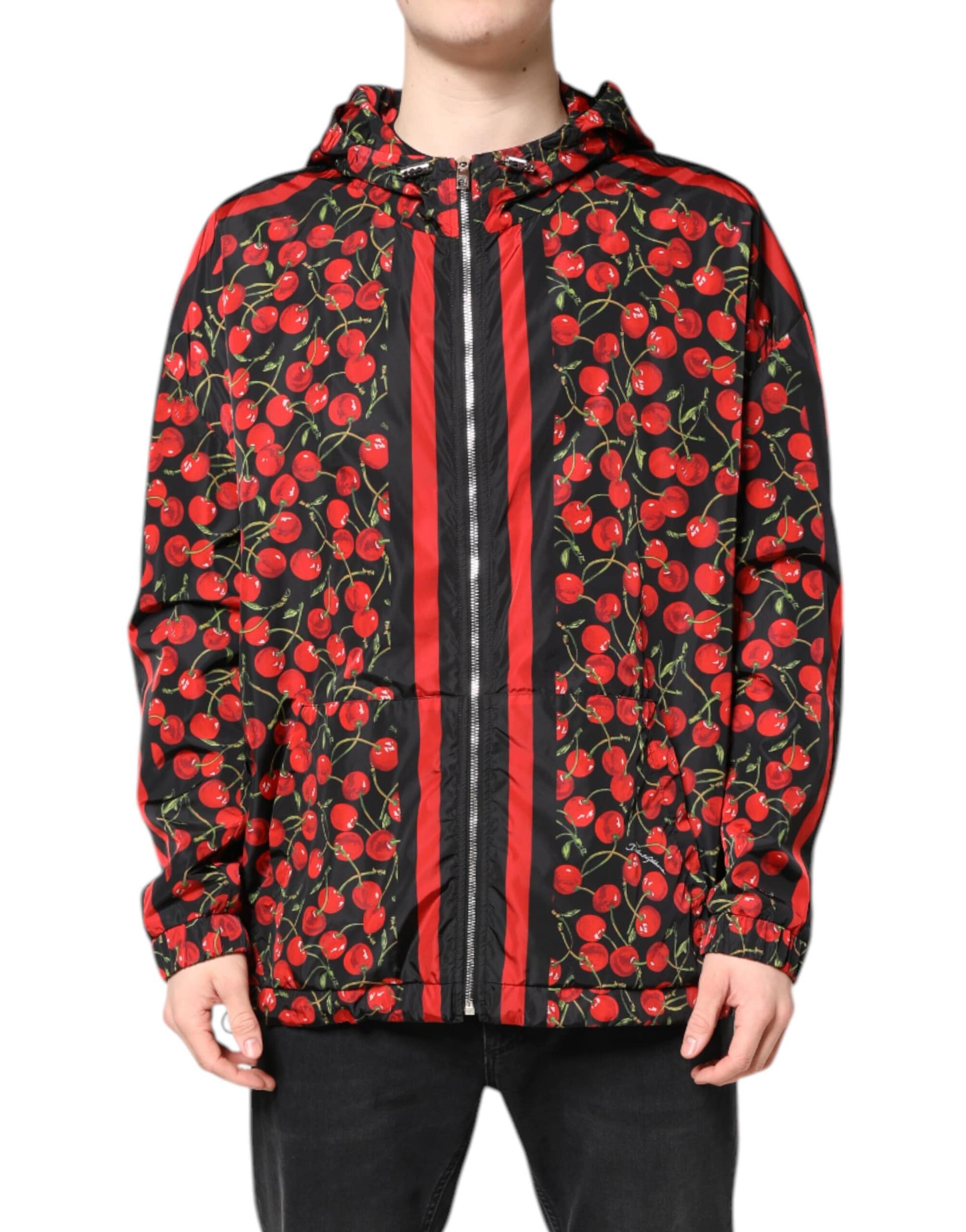 Dolce & Gabbana Black Cherry Print Hooded Windbreaker Jacket - Image 2