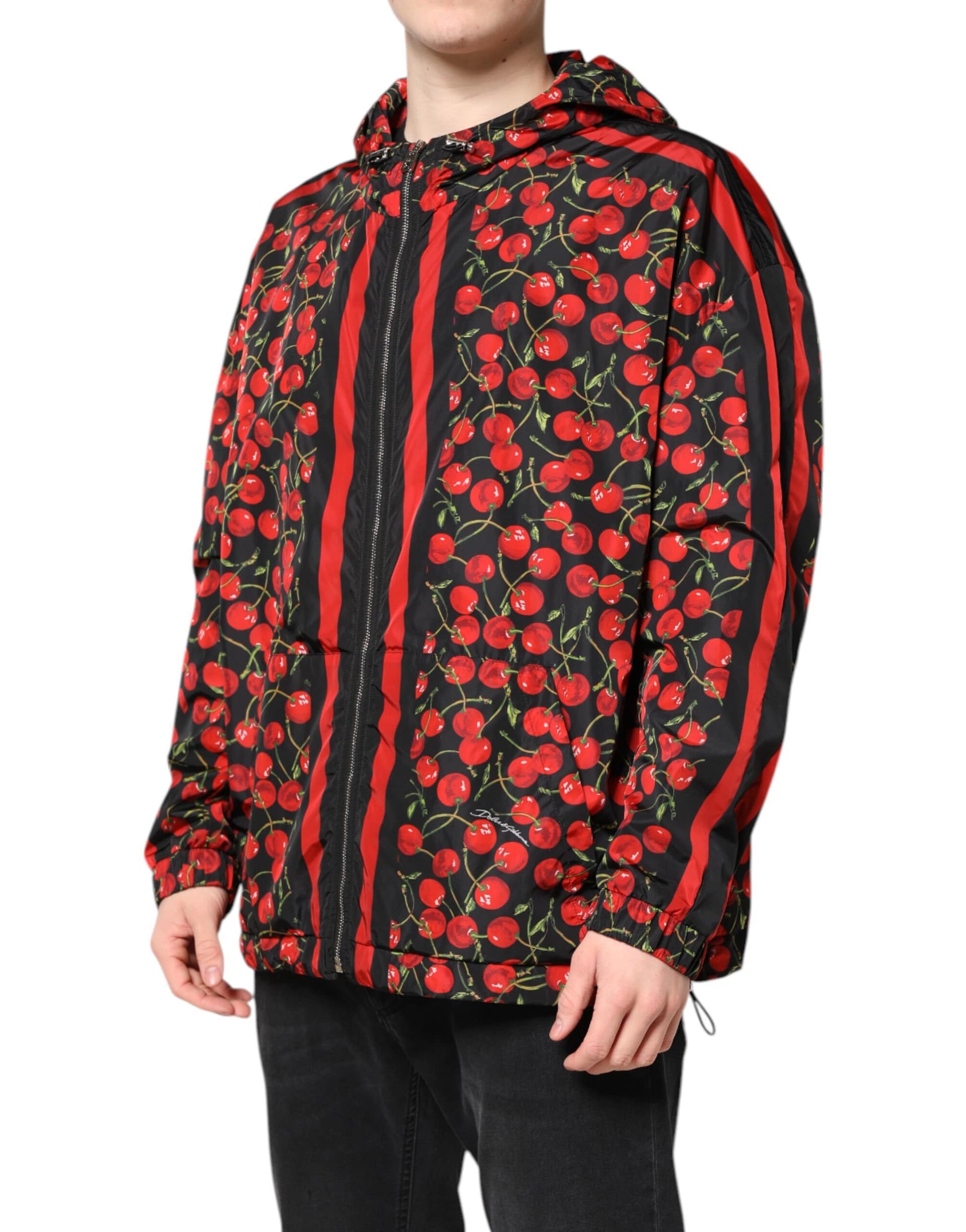 Dolce & Gabbana Black Cherry Print Hooded Windbreaker Jacket - Image 3