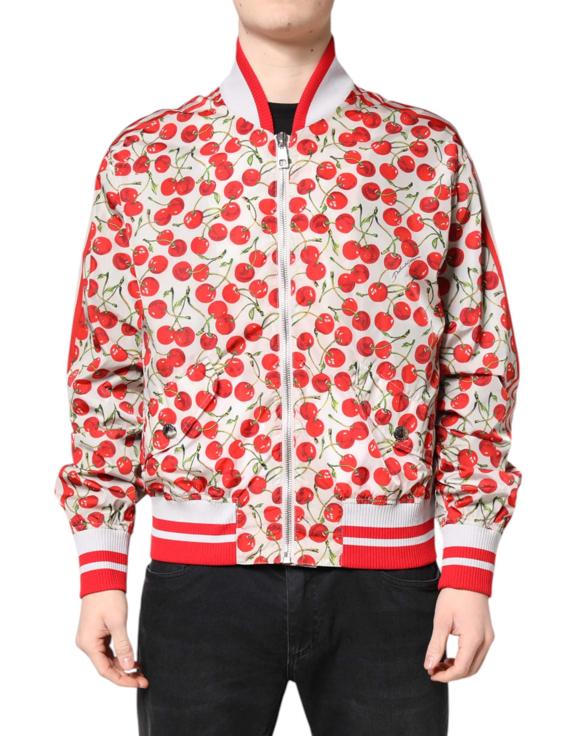 Dolce & Gabbana White Cherry Print Full Zip Bomber Jacket