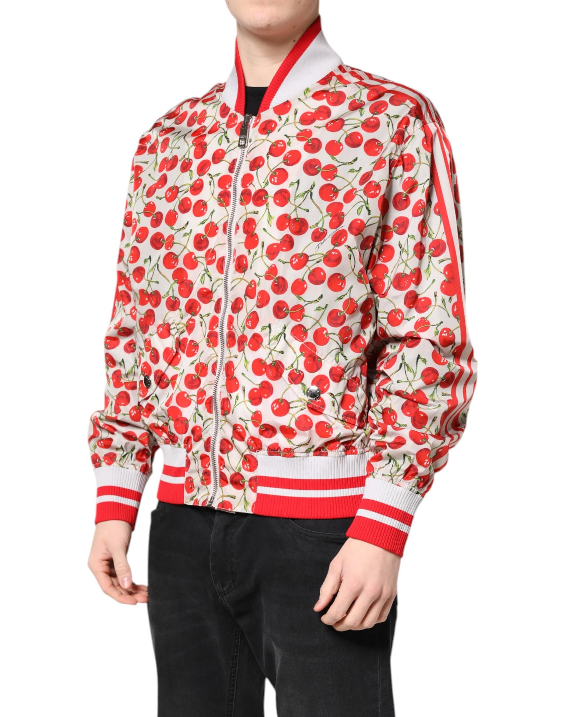 Dolce & Gabbana White Cherry Print Full Zip Bomber Jacket - Image 3