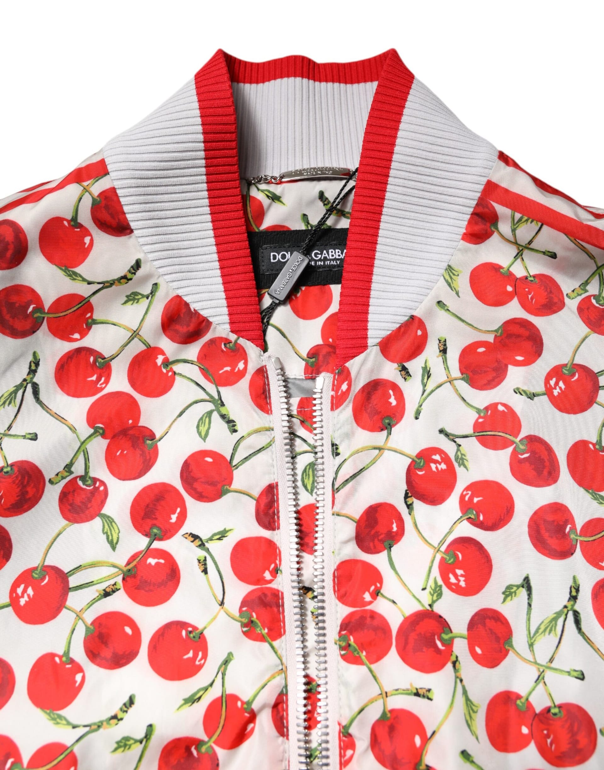 Dolce & Gabbana White Cherry Print Full Zip Bomber Jacket - Image 5