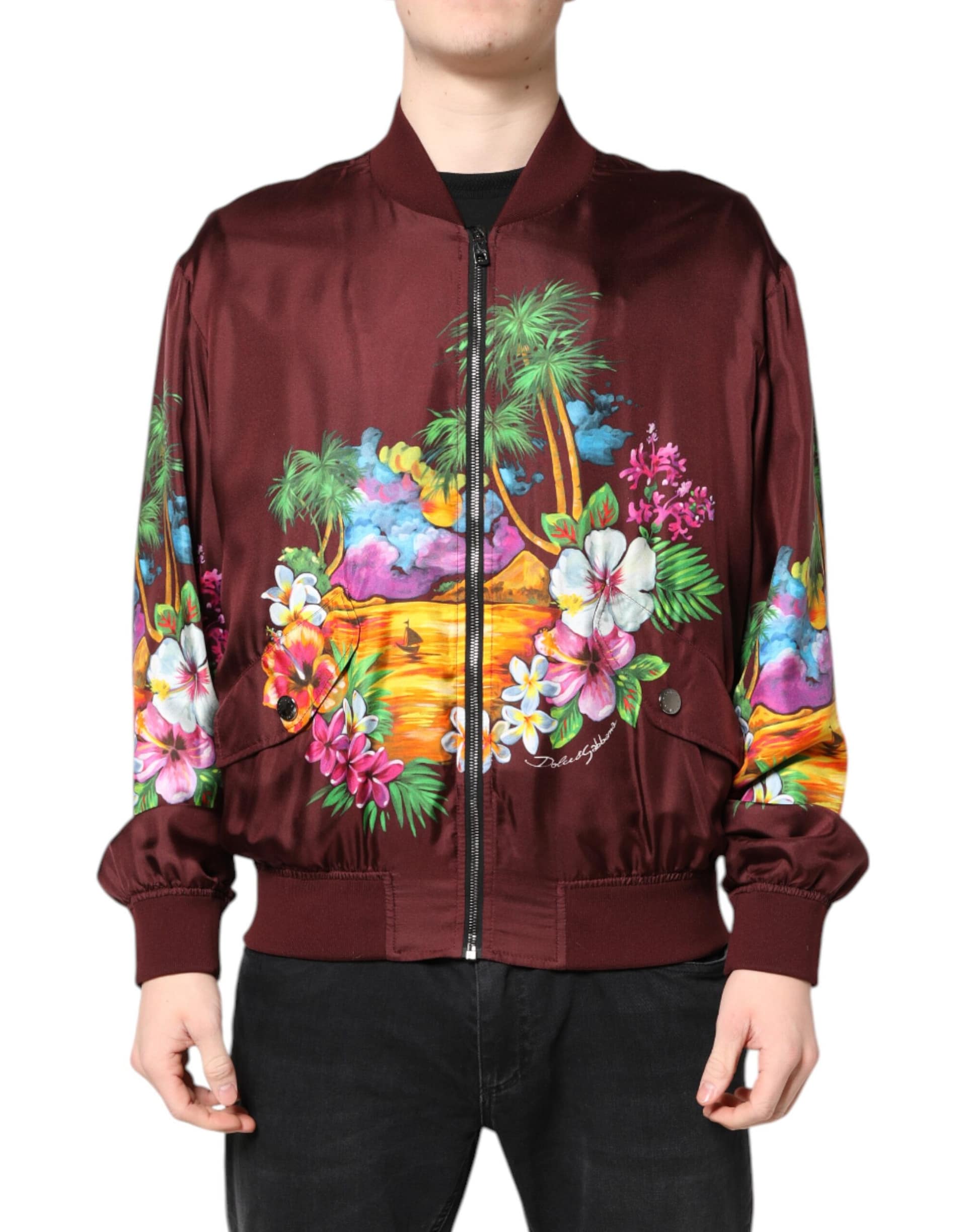 Dolce & Gabbana Maroon Floral Print Full Zip Bomber Jacket - Image 2