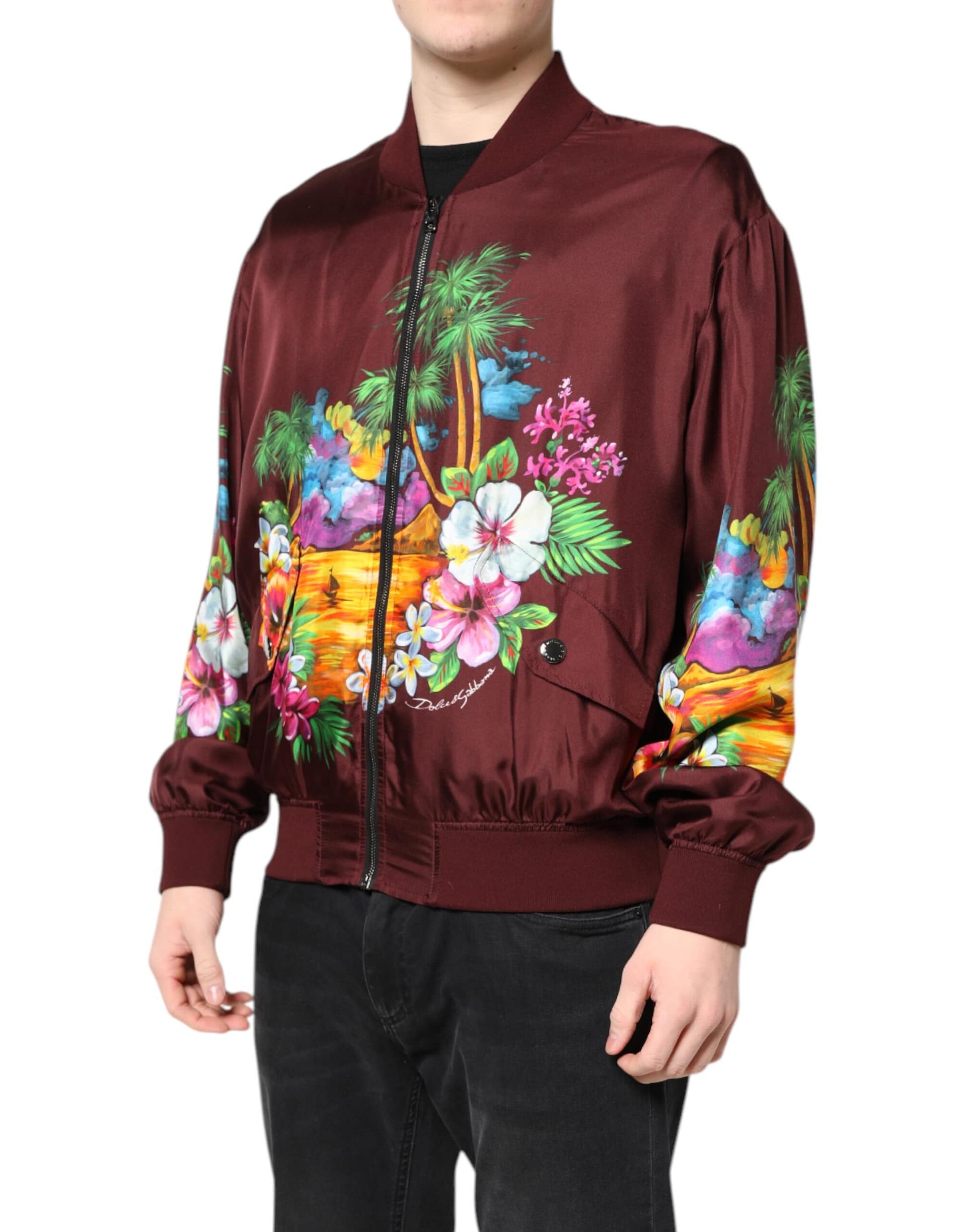 Dolce & Gabbana Maroon Floral Print Full Zip Bomber Jacket - Image 3