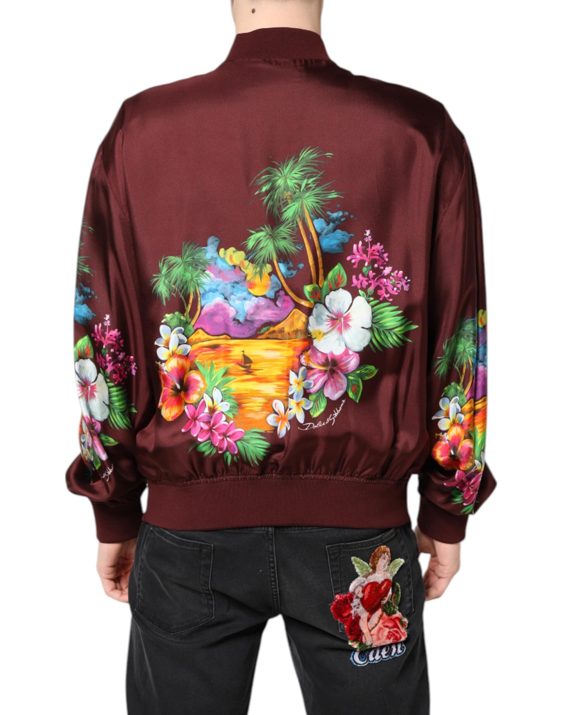 Dolce & Gabbana Maroon Floral Print Full Zip Bomber Jacket - Image 4
