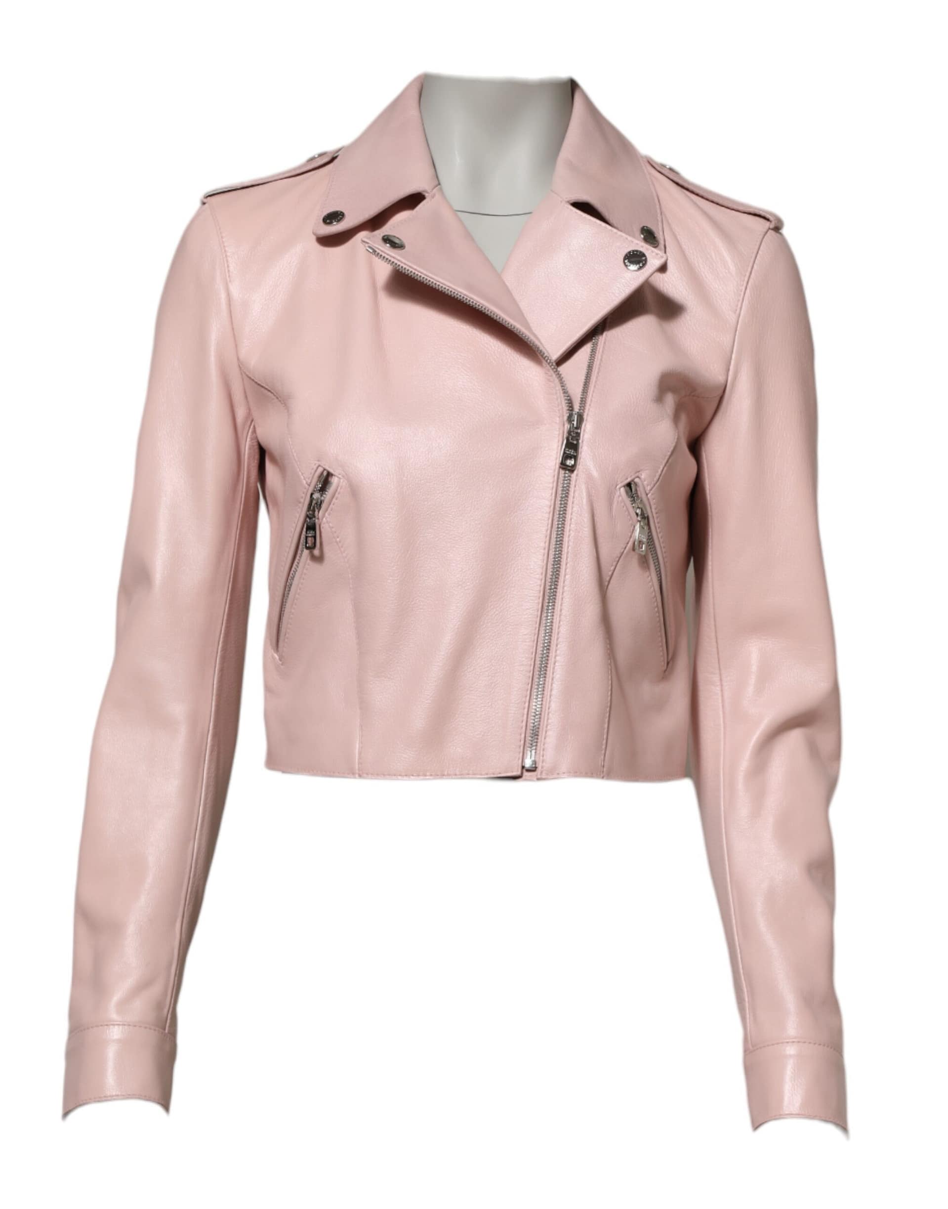 Dolce & Gabbana Light Pink Collar Leather Women Biker Jacket - Image 2