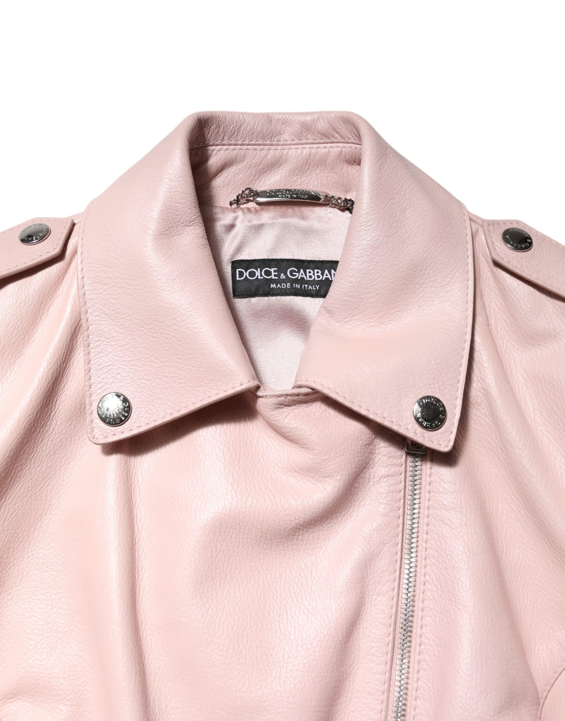 Dolce & Gabbana Light Pink Collar Leather Women Biker Jacket - Image 4