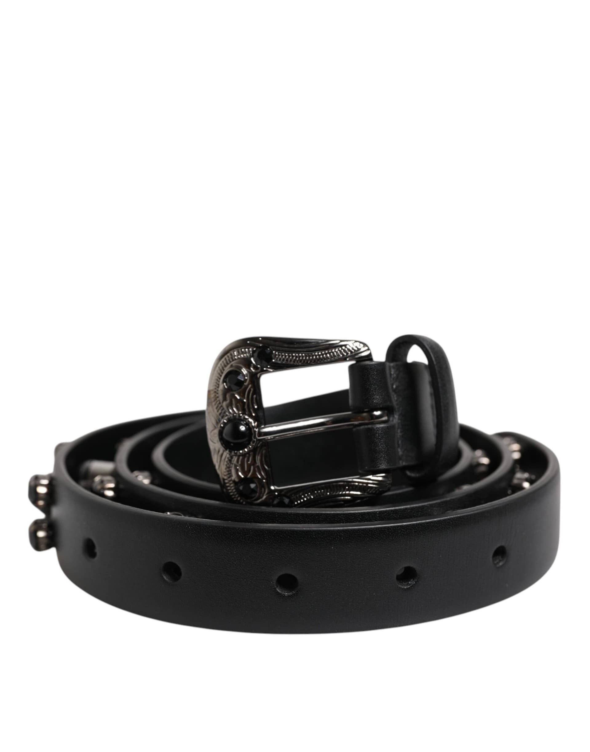 Dolce & Gabbana Black Studded Leather Metal Logo Buckle Belt - Image 2