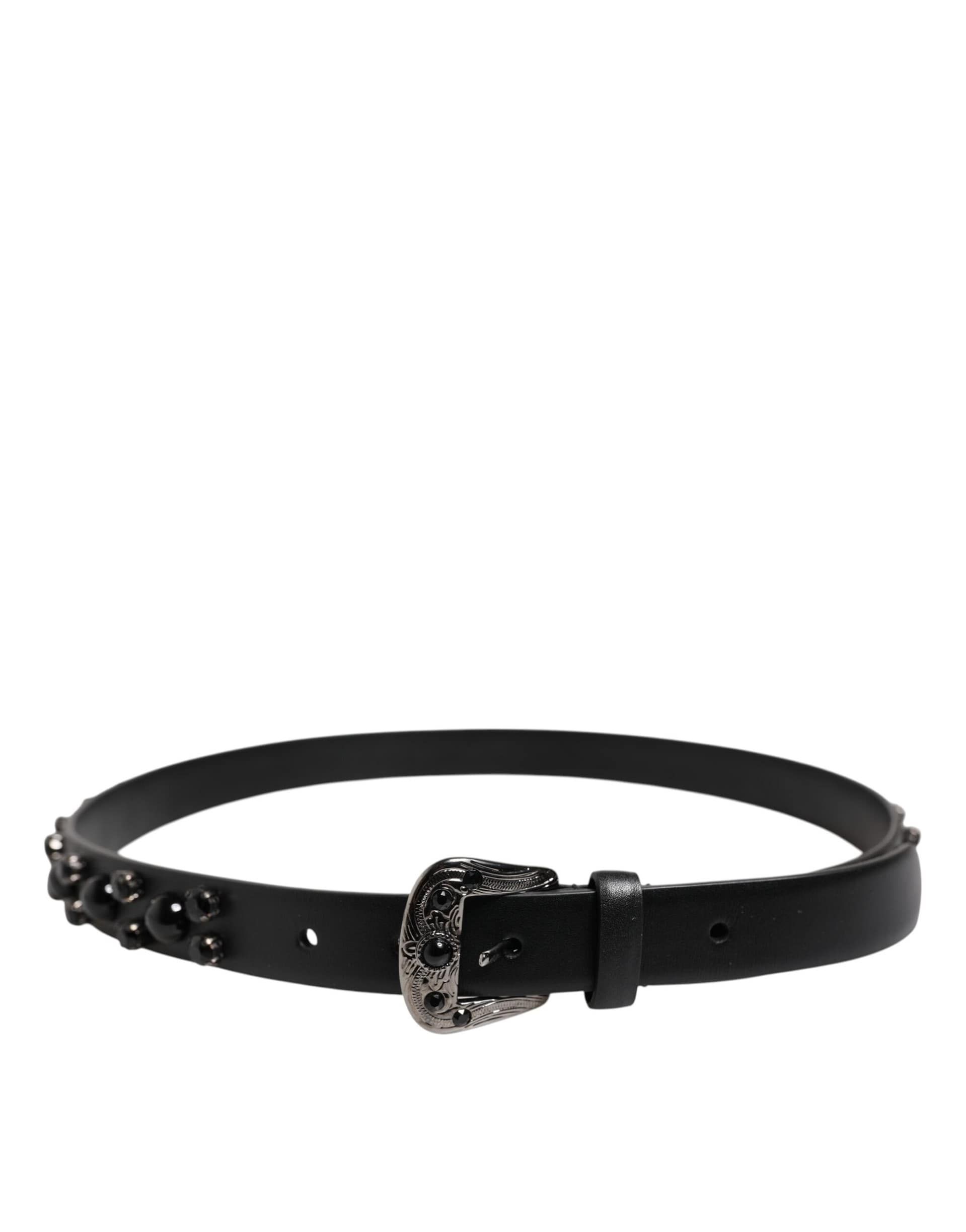 Dolce & Gabbana Black Studded Leather Metal Logo Buckle Belt - Image 3