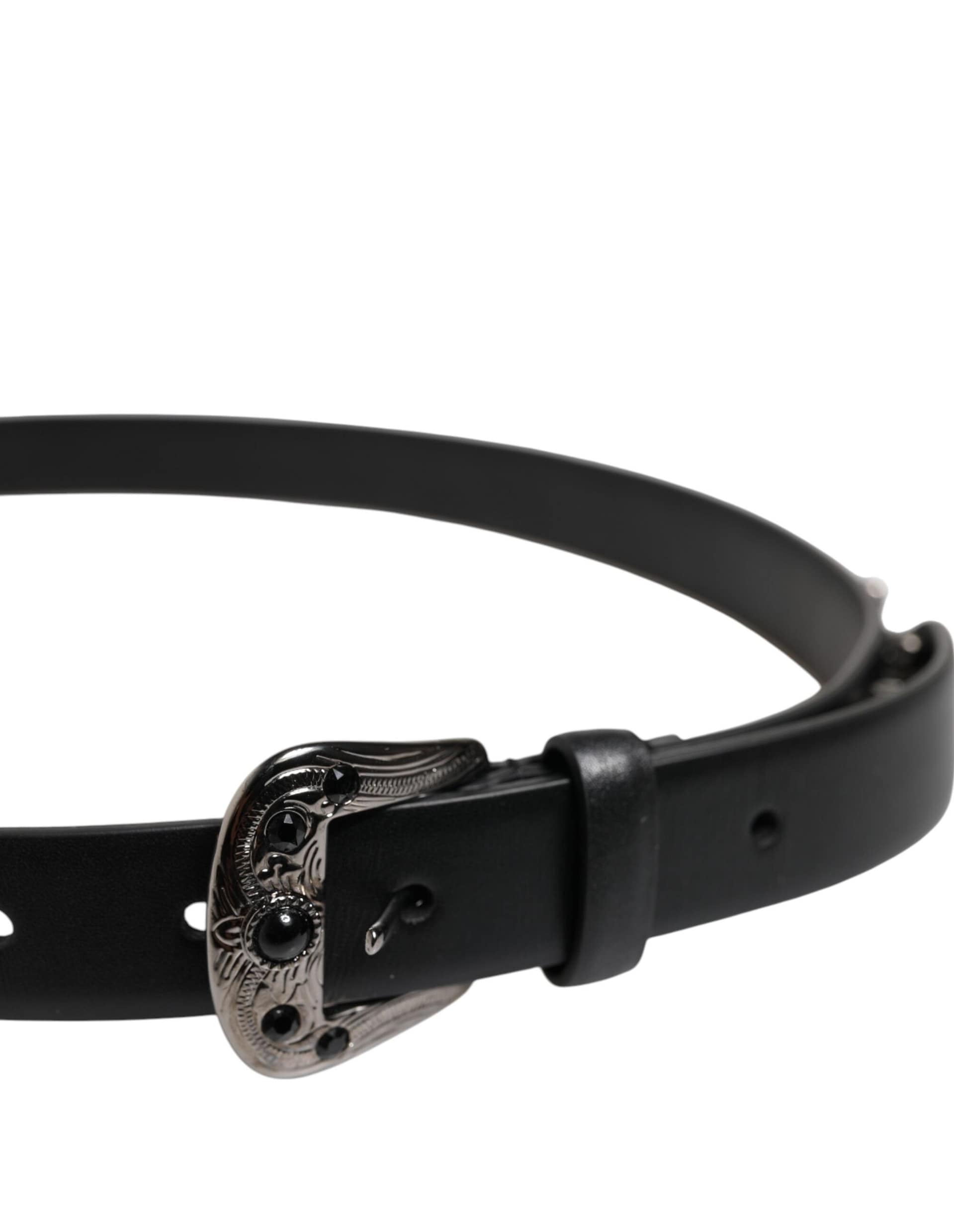 Dolce & Gabbana Black Studded Leather Metal Logo Buckle Belt - Image 4