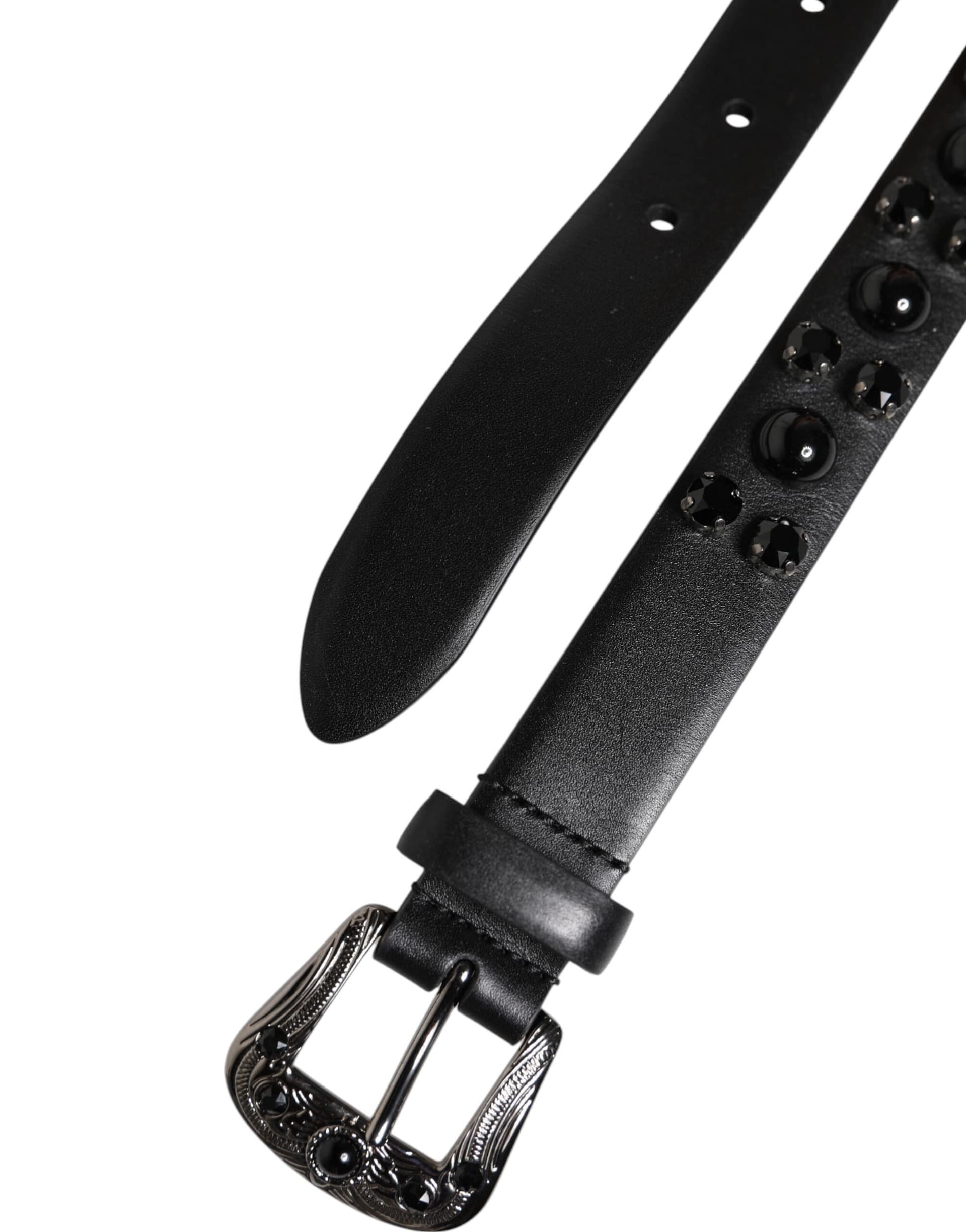 Dolce & Gabbana Black Studded Leather Metal Logo Buckle Belt - Image 6