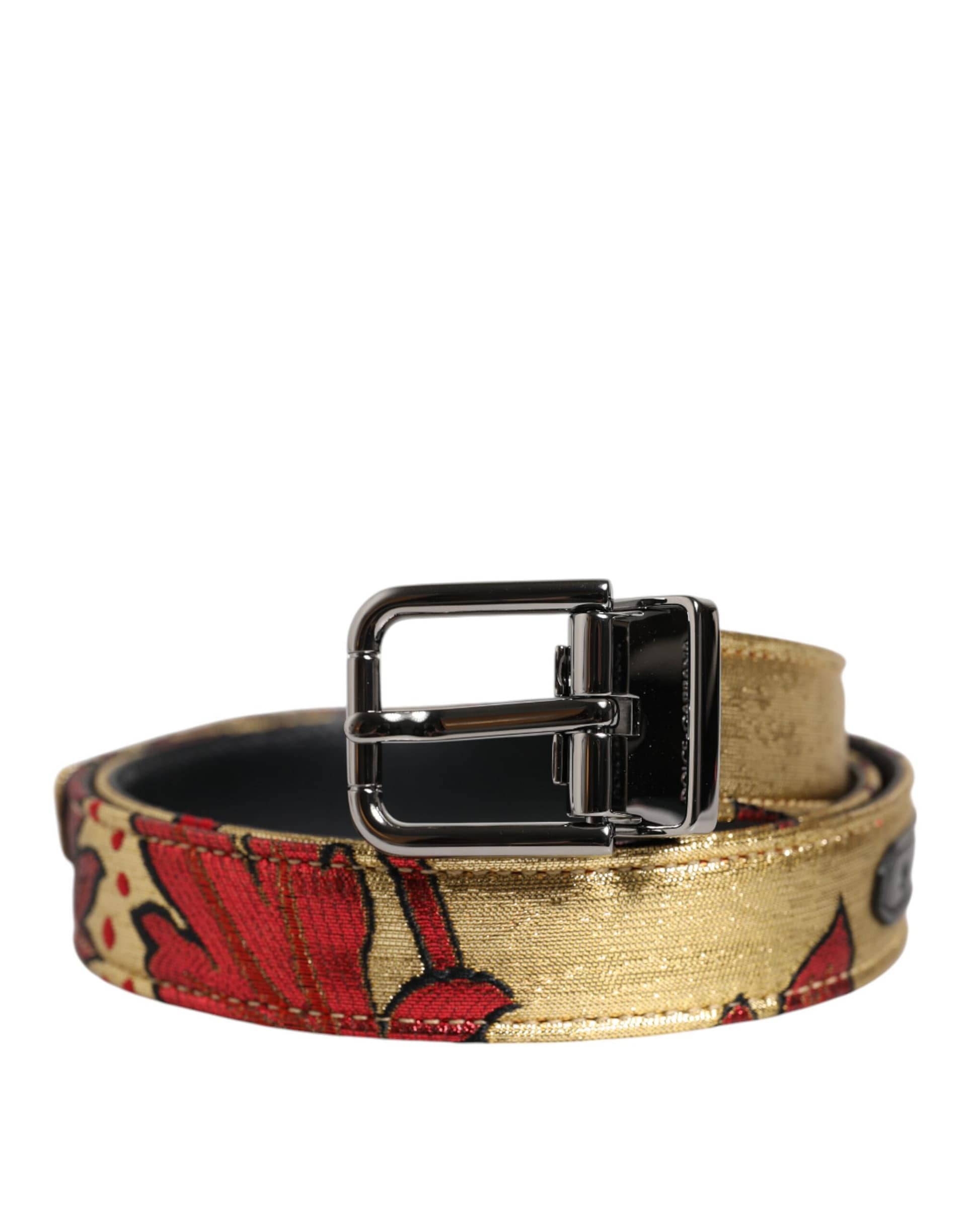 Dolce & Gabbana Gold Floral Jacquard Silver Metal Buckle Belt - Image 2