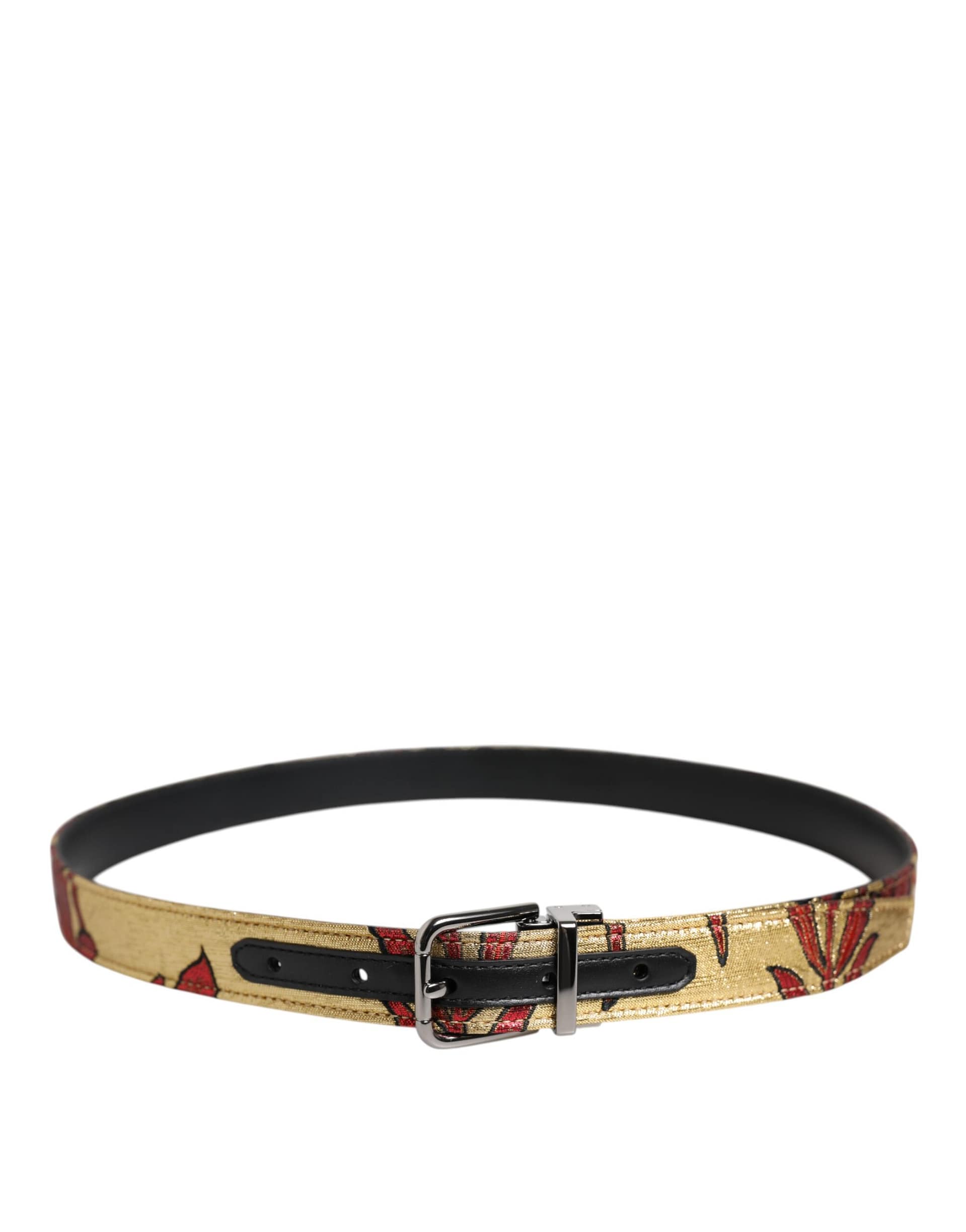 Dolce & Gabbana Gold Floral Jacquard Silver Metal Buckle Belt - Image 3