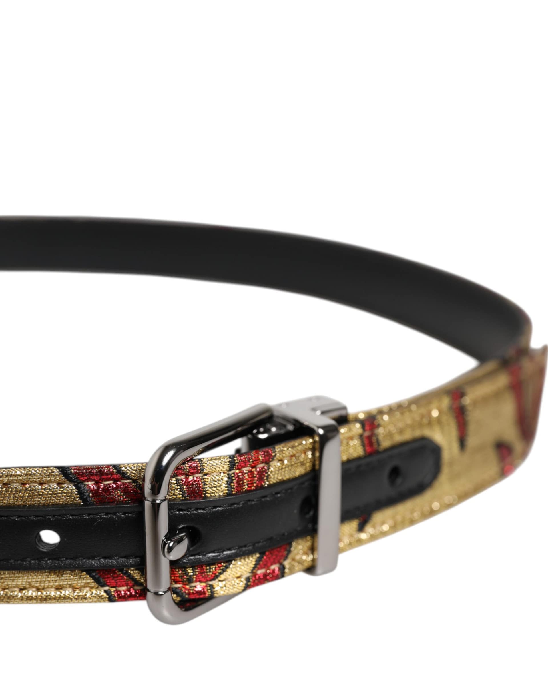 Dolce & Gabbana Gold Floral Jacquard Silver Metal Buckle Belt - Image 4
