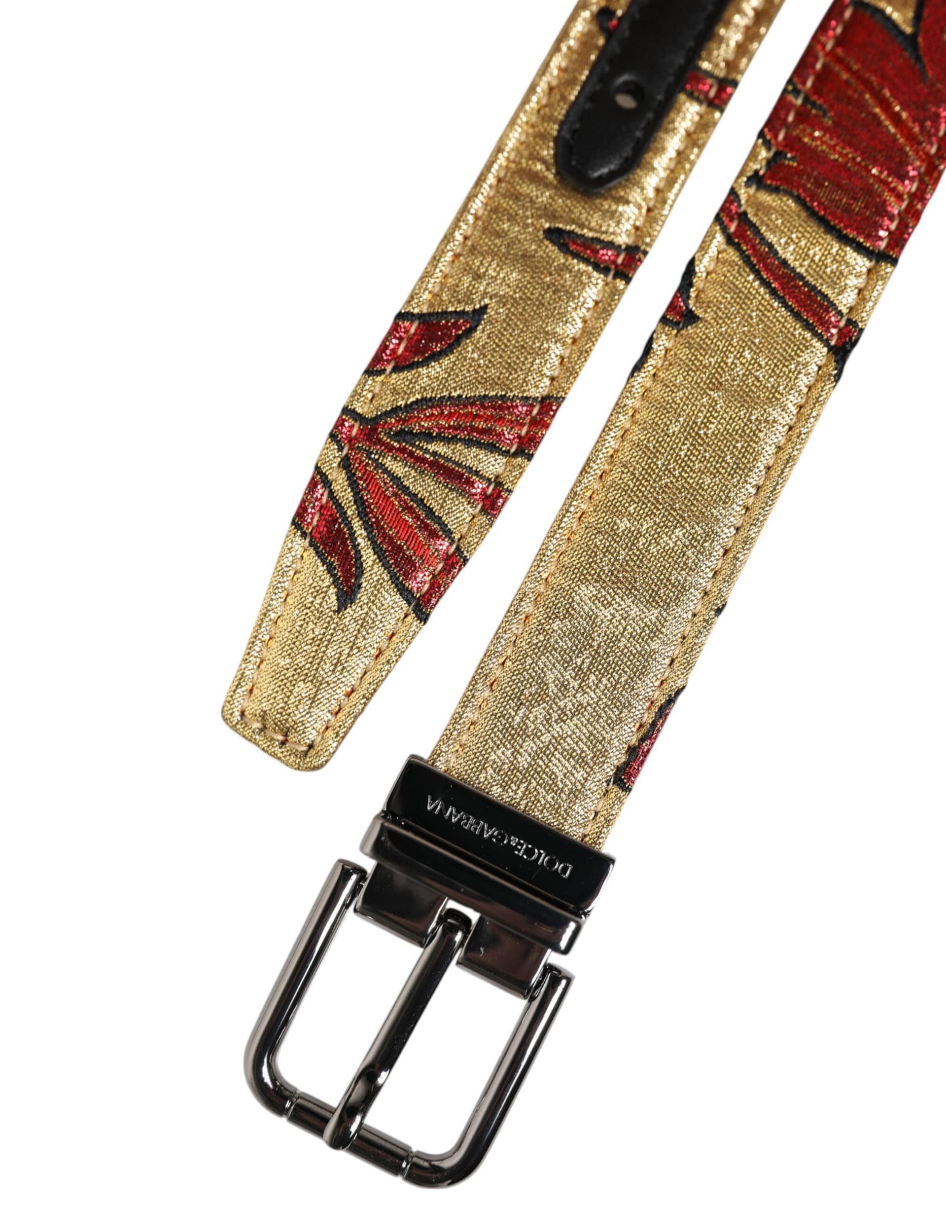 Dolce & Gabbana Gold Floral Jacquard Silver Metal Buckle Belt - Image 6