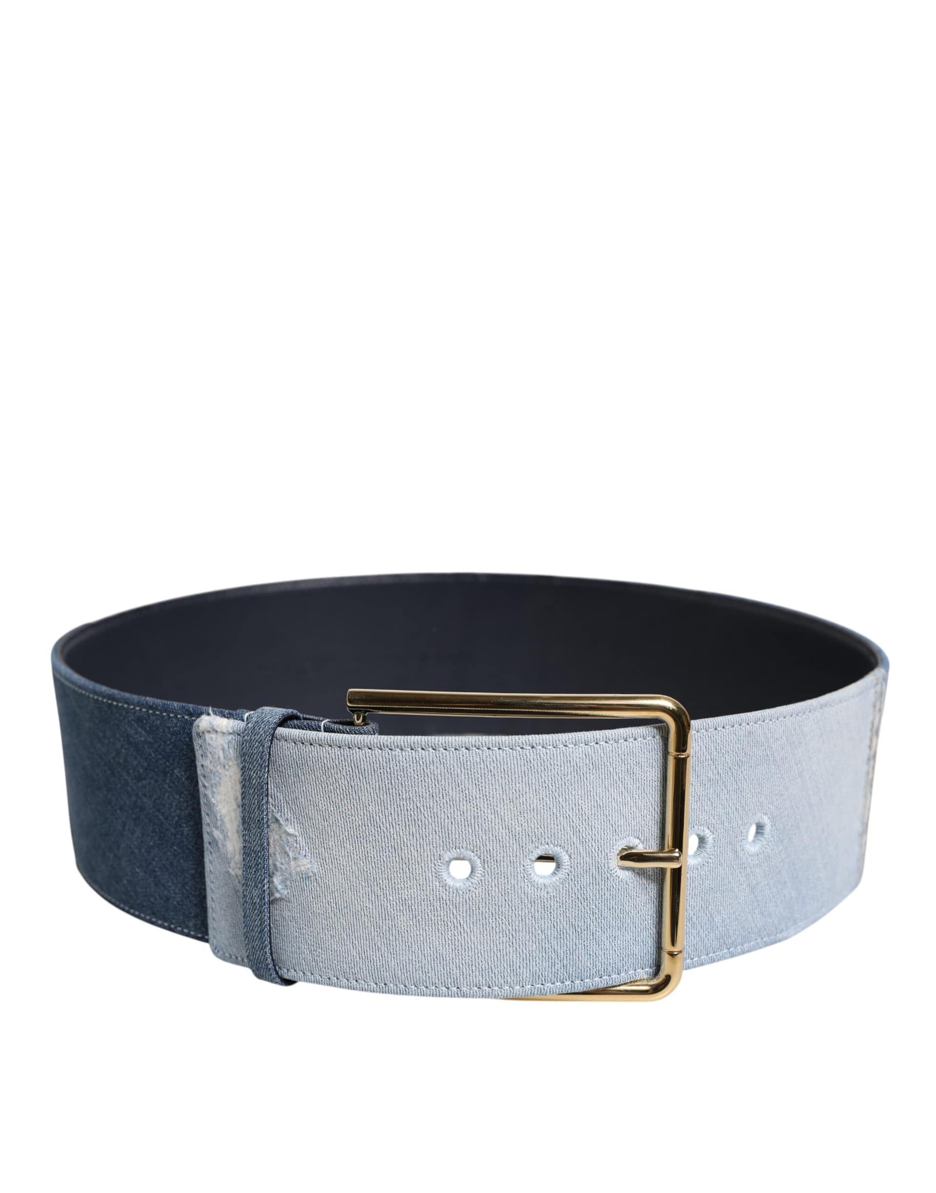 Dolce & Gabbana Two Tone Blue Denim Gold Metal Buckle Belt - Image 3