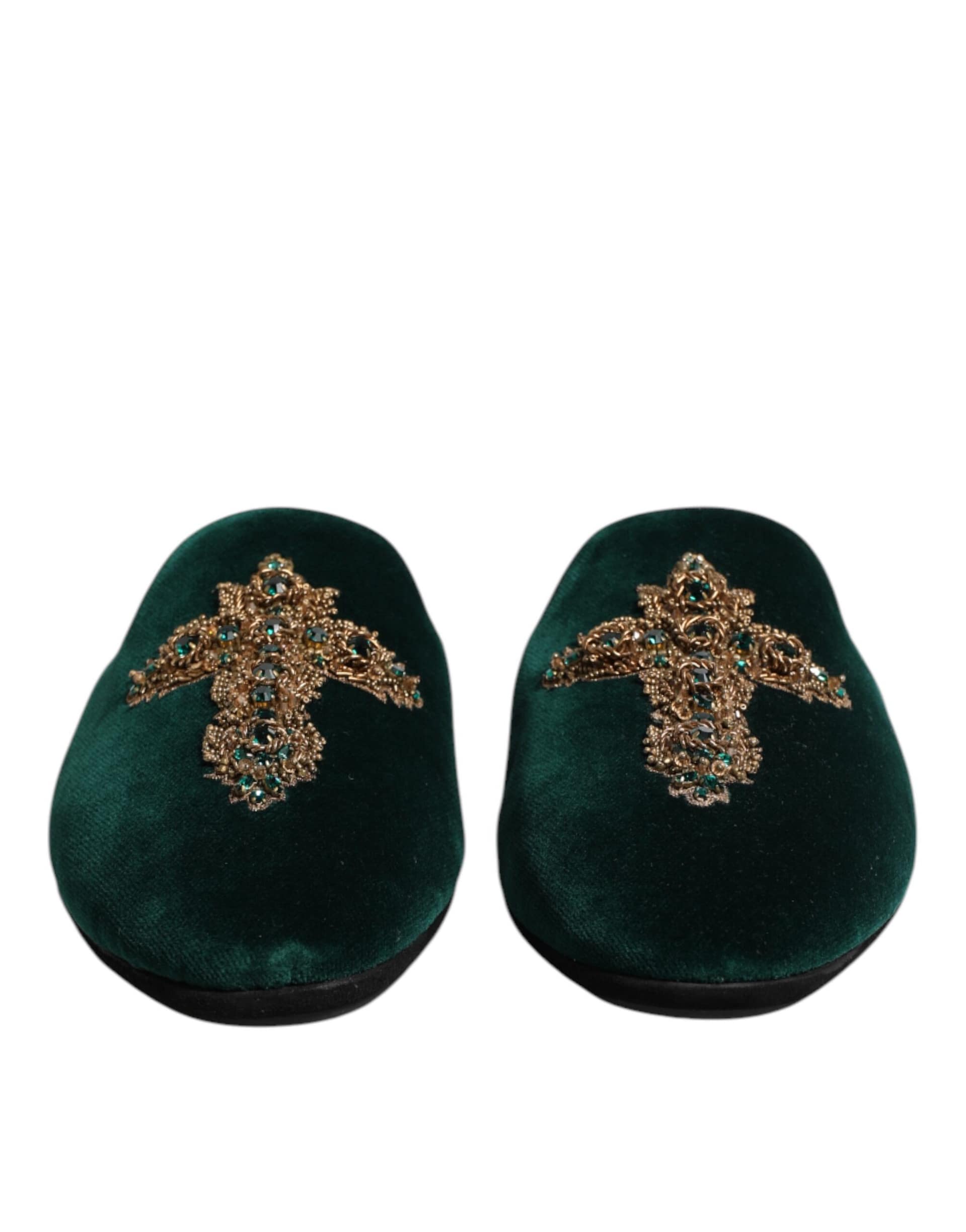 Dolce & Gabbana Green Velvet Cross Embellished Slippers Shoes - Image 2