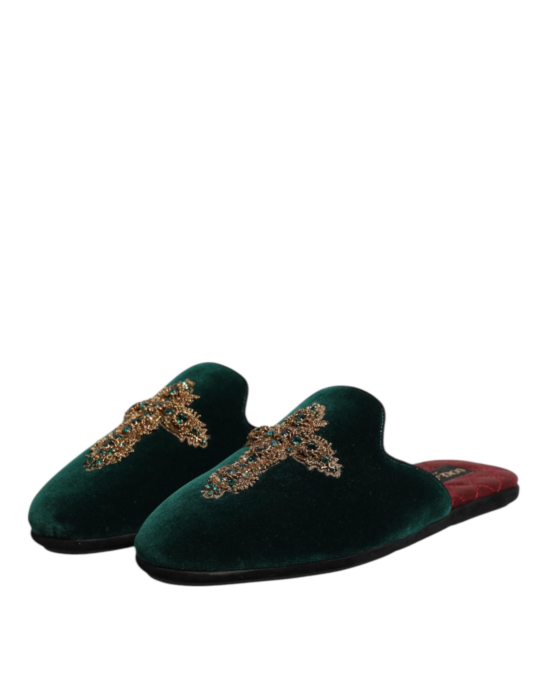 Dolce & Gabbana Green Velvet Cross Embellished Slippers Shoes - Image 4