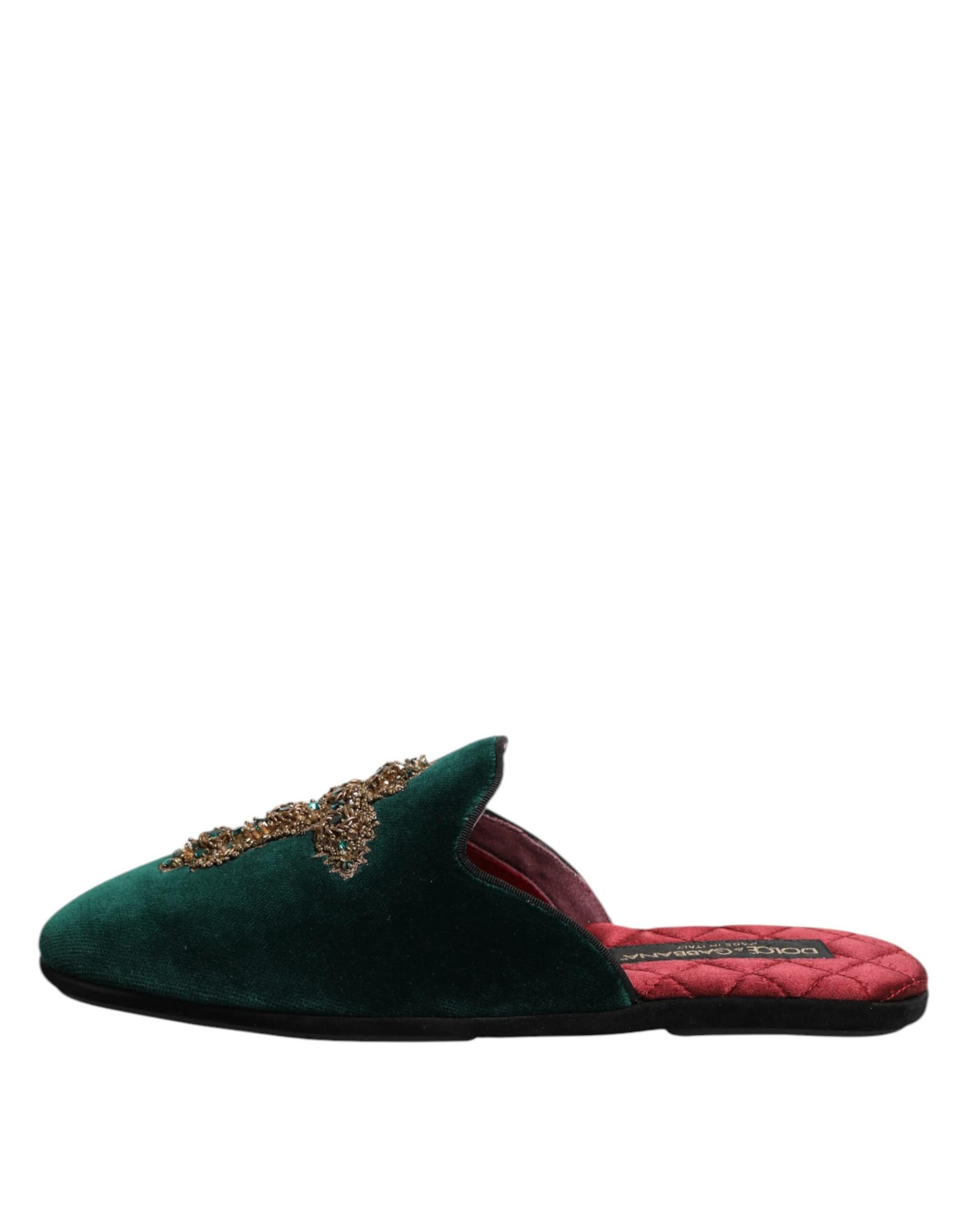 Dolce & Gabbana Green Velvet Cross Embellished Slippers Shoes - Image 6
