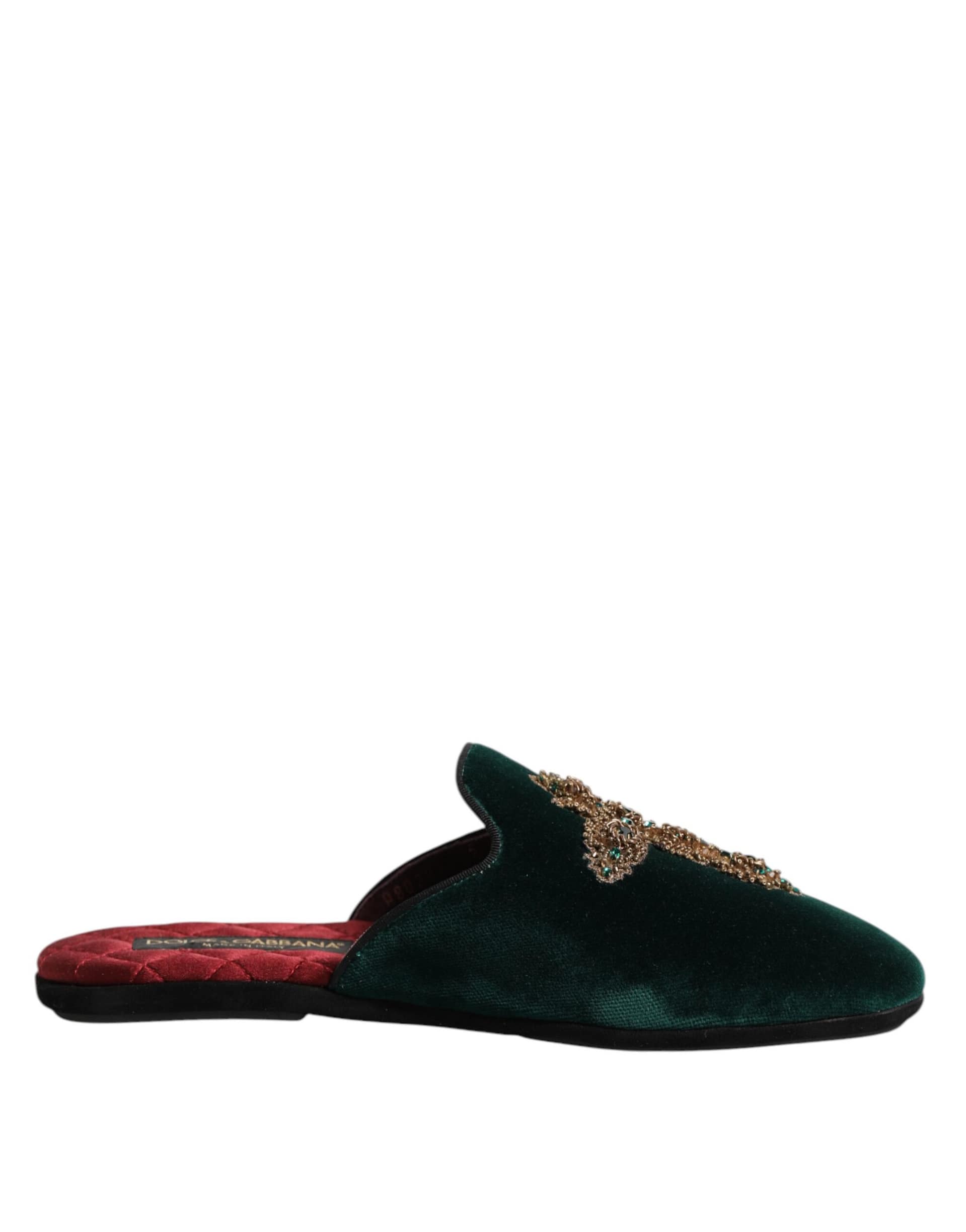 Dolce & Gabbana Green Velvet Cross Embellished Slippers Shoes - Image 7
