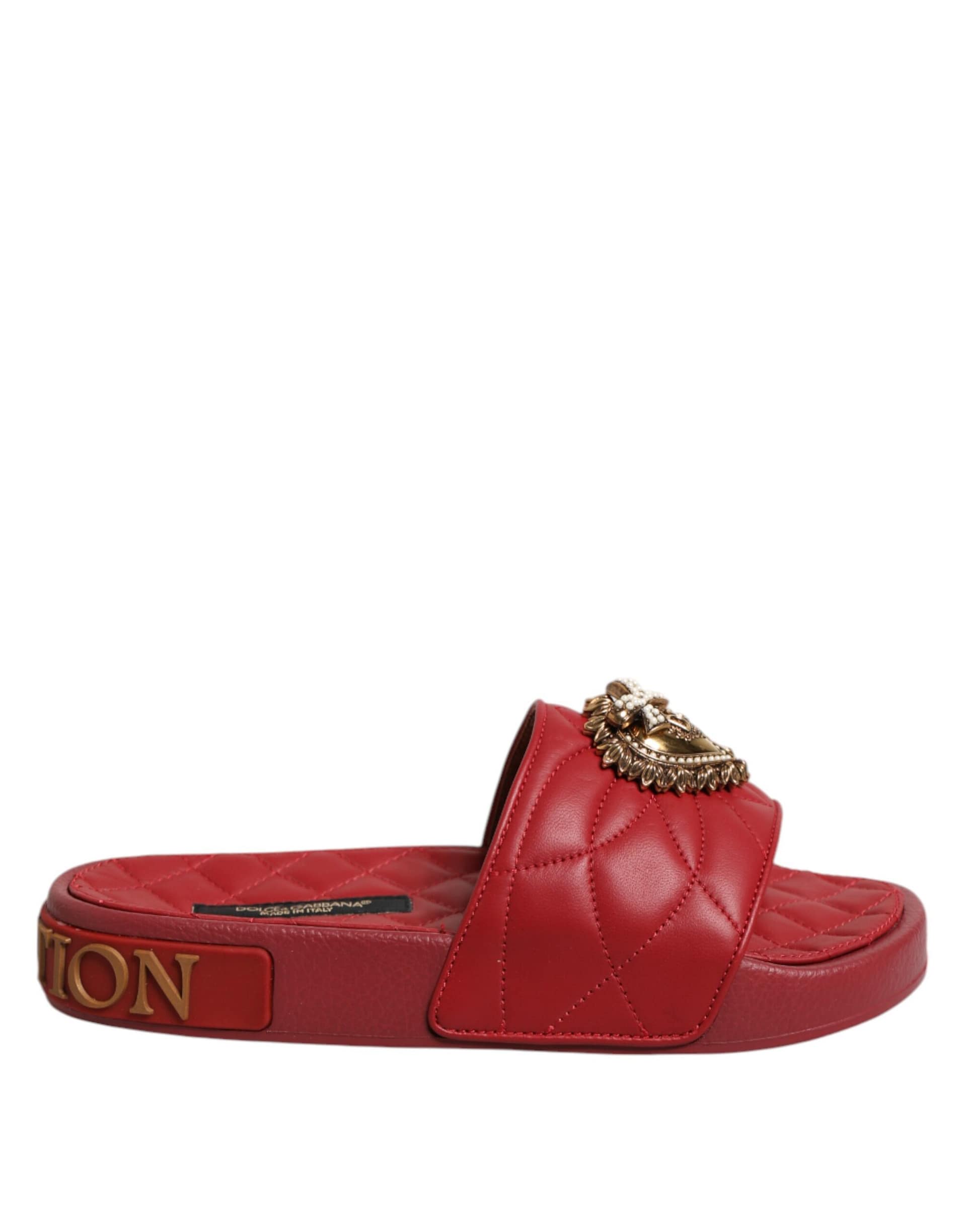 Dolce & Gabbana Red Devotion Matelassé Leather Slides Shoes - Image 6