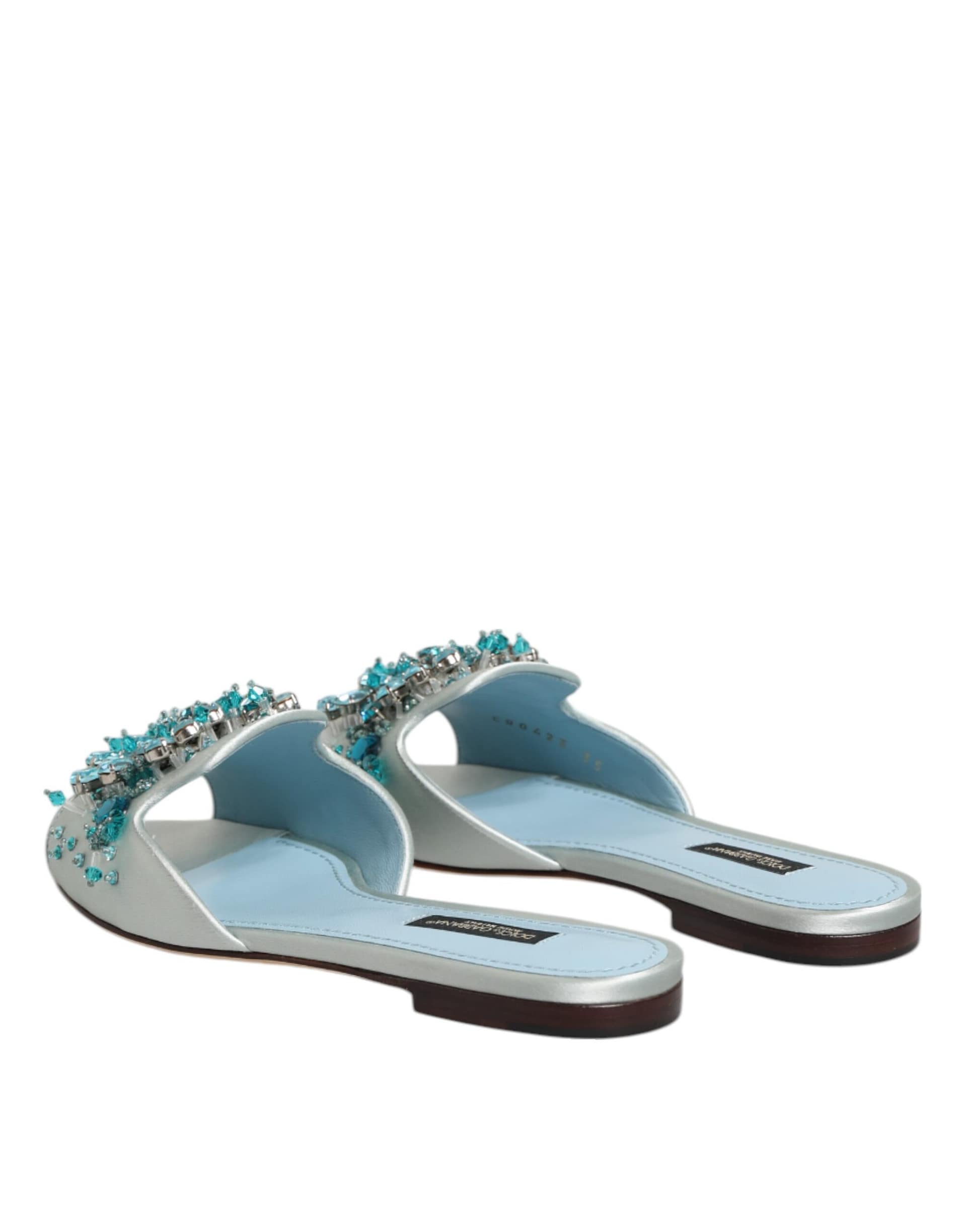 Dolce & Gabbana Silver Blue Leather Bead Embellish Slide Shoes - Image 6