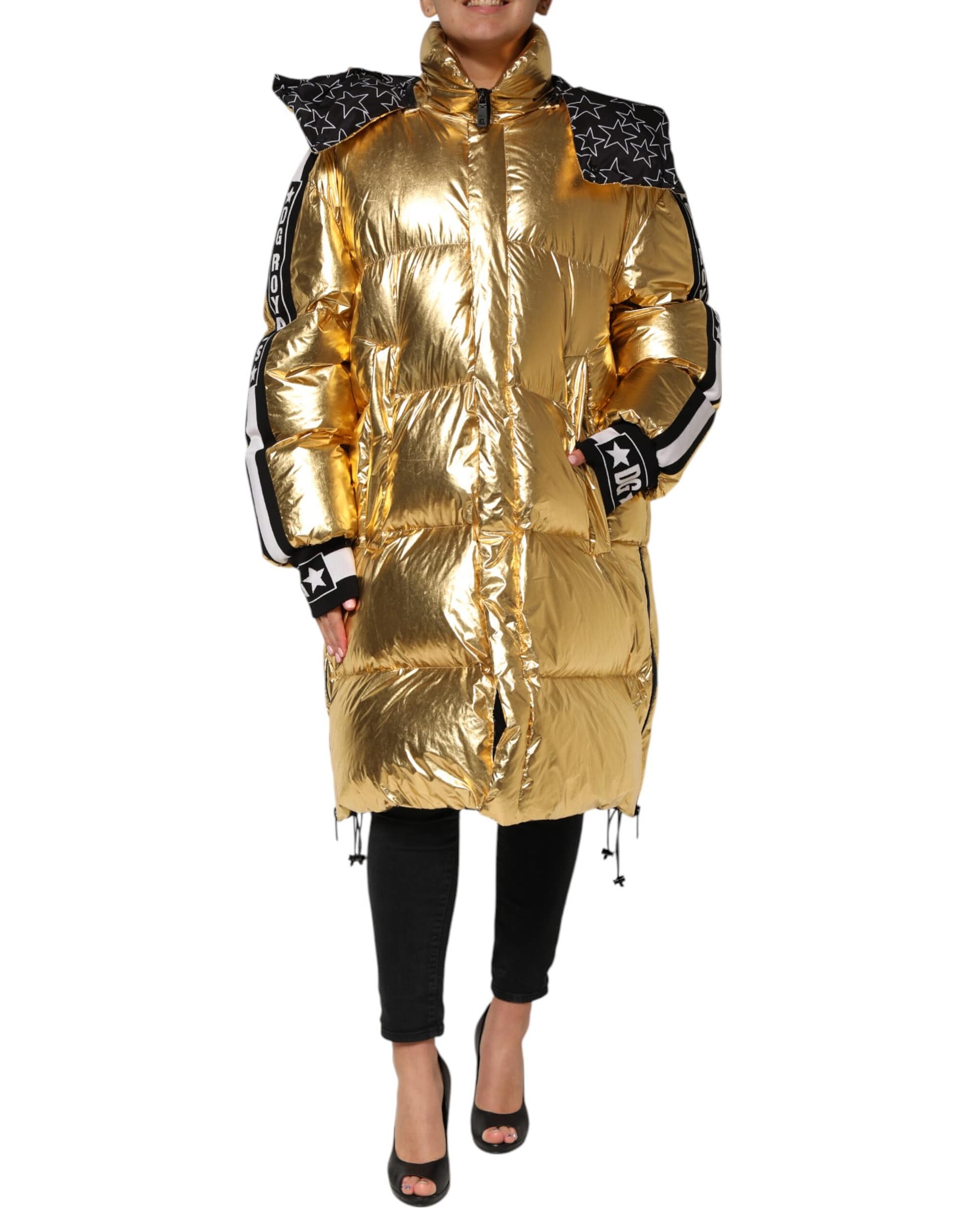 Dolce & Gabbana Gold Hooded Puffer Quilted Full Zip Jacket - Image 2