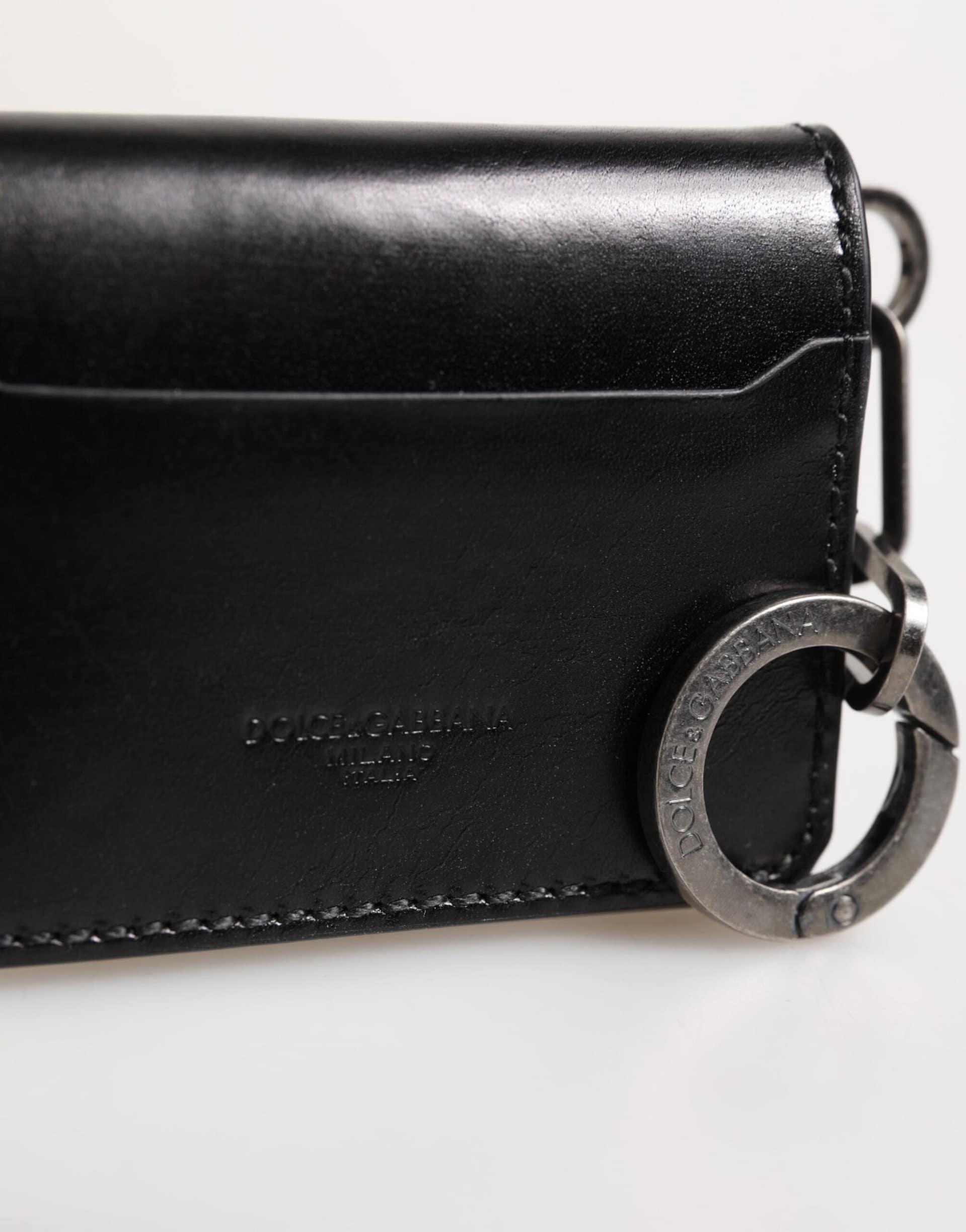 Dolce & Gabbana Wallet Black Leather Logo Embossed Key Chain Card Holder Wallet - Image 3