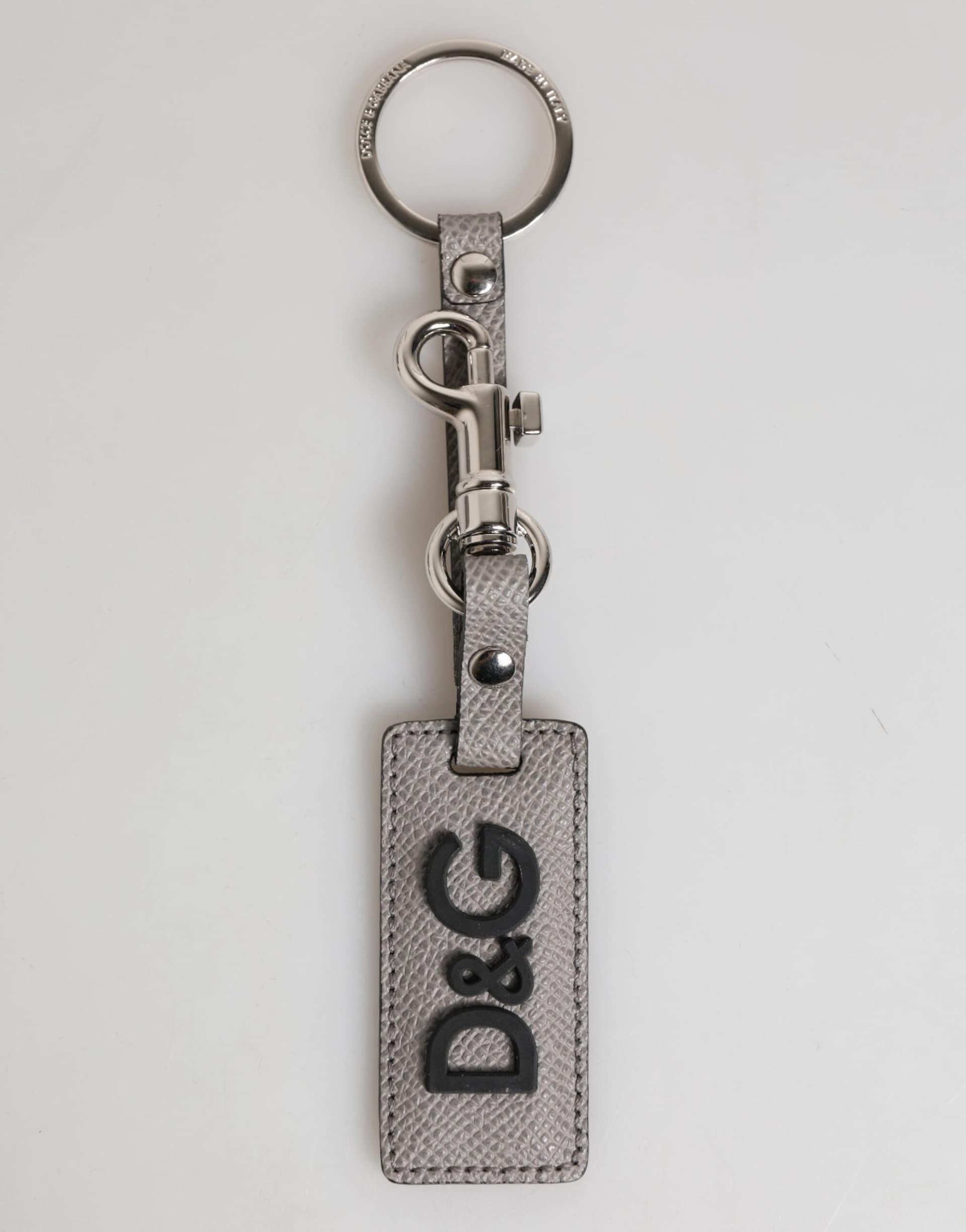 Dolce & Gabbana Gray Leather Logo Metal Ring Keychain Holder Men Keyring