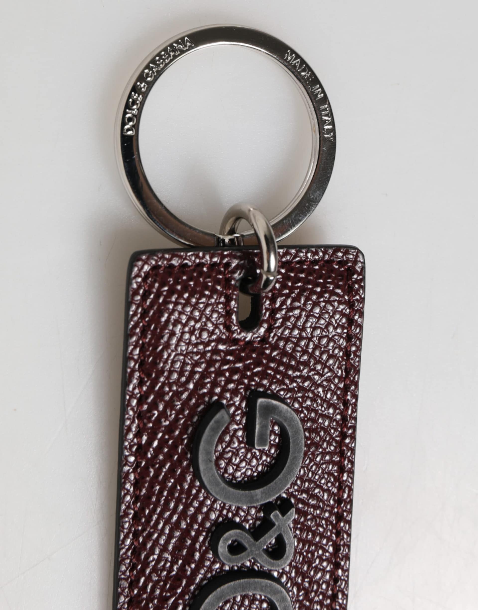 Dolce & Gabbana Bordeaux Leather Logo Metal Ring Men Keychain Keyring - Image 4
