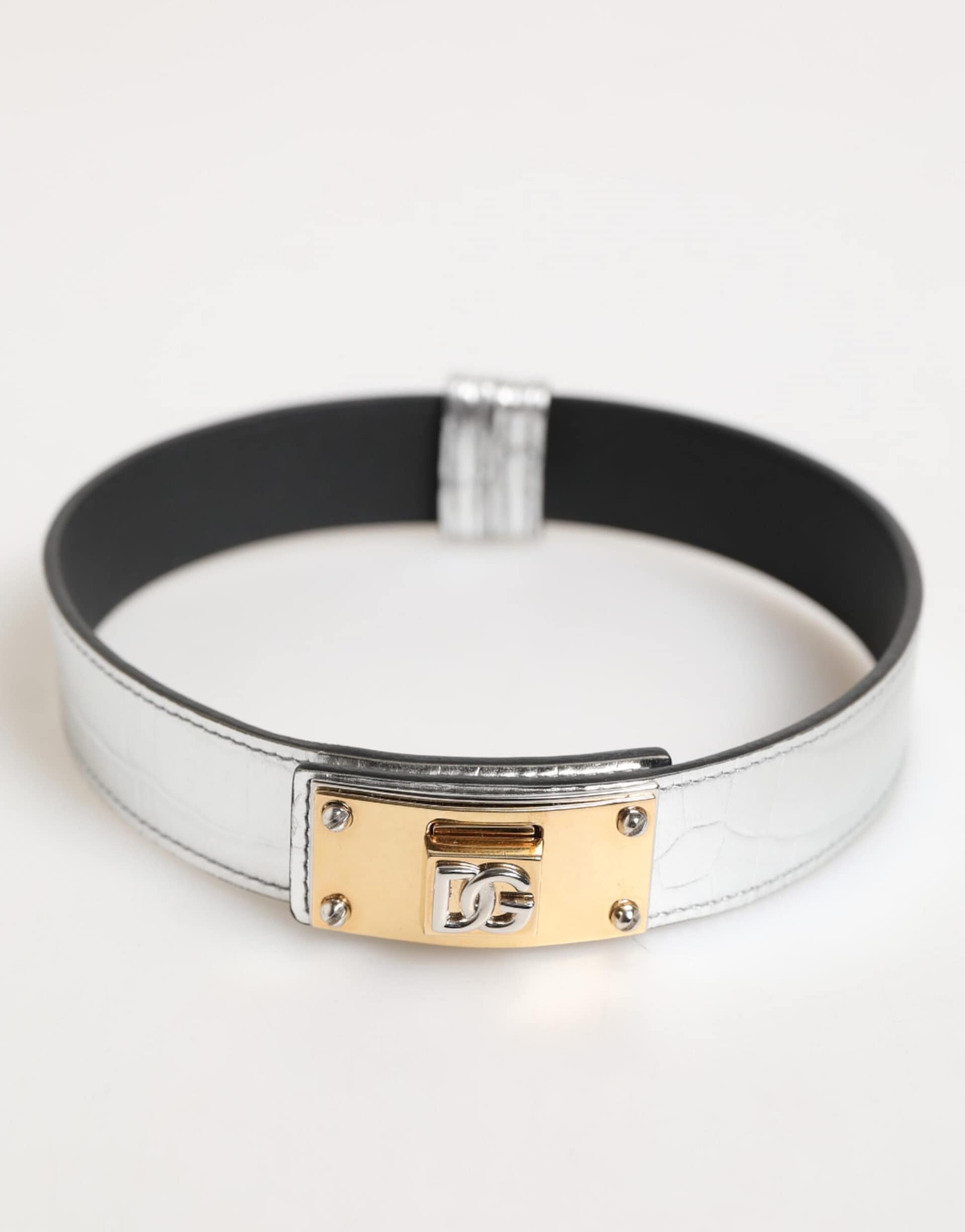 Dolce & Gabbana Silver Textured Leather Gold Tone Metal Neckband