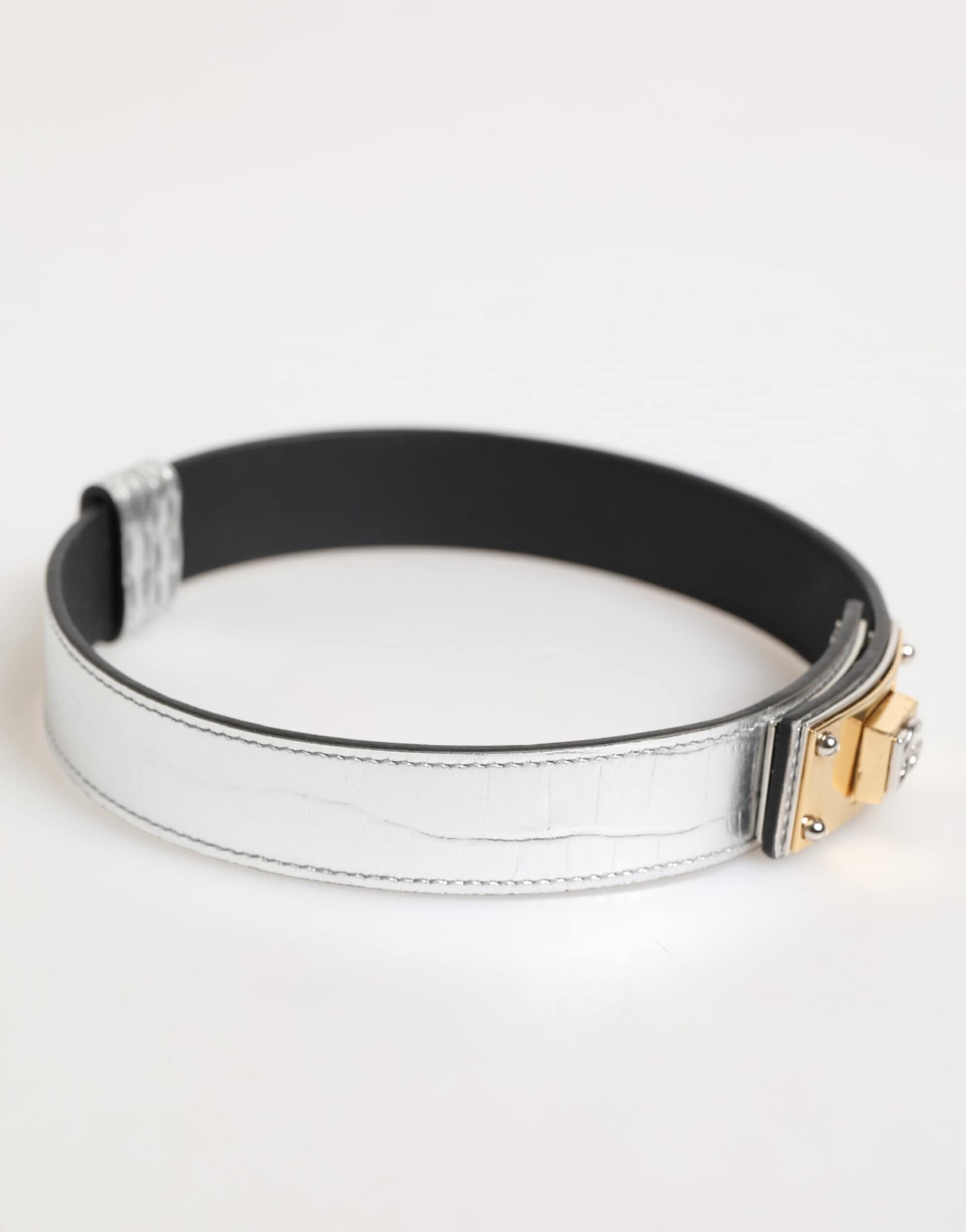 Dolce & Gabbana Silver Textured Leather Gold Tone Metal Neckband - Image 3
