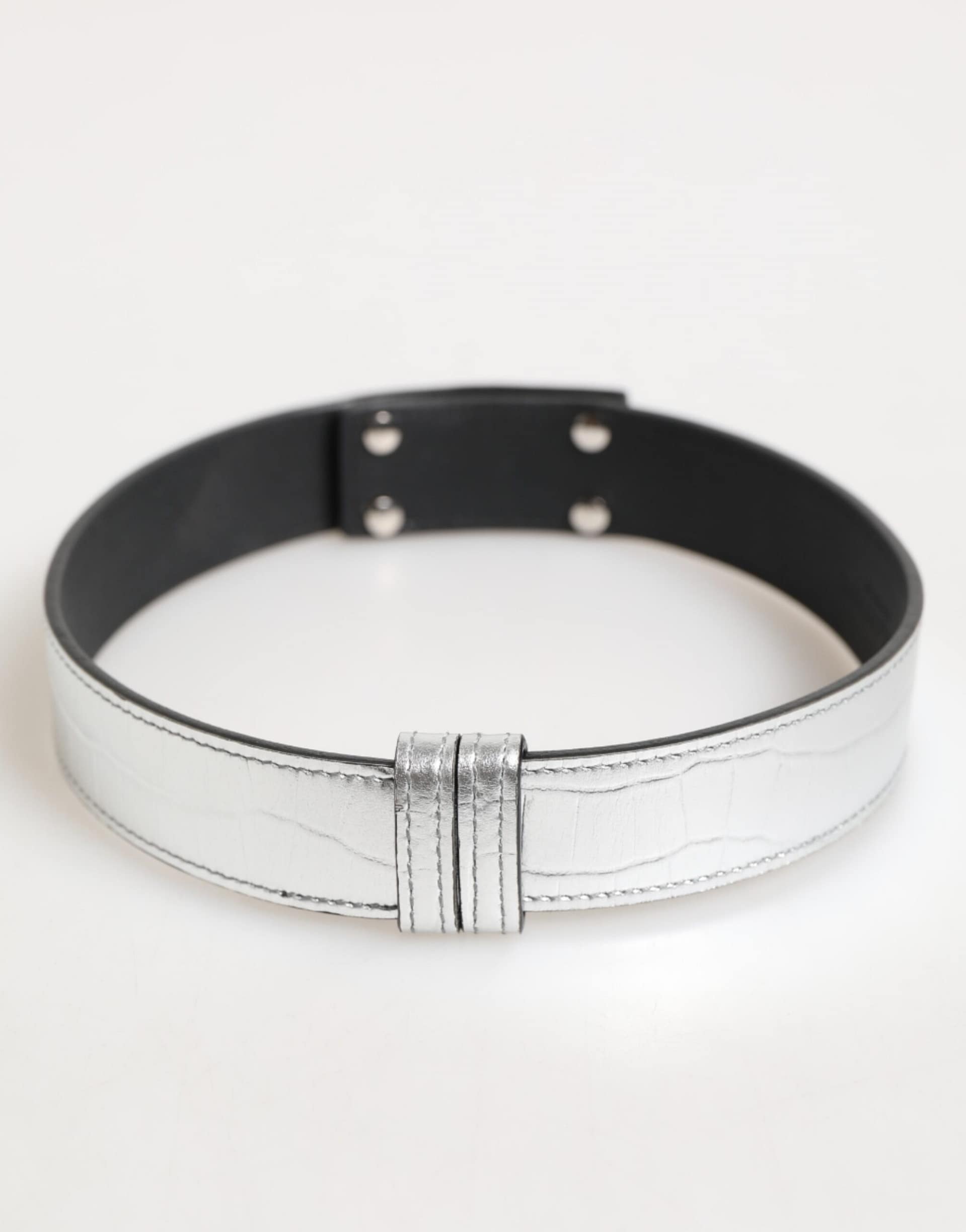 Dolce & Gabbana Silver Textured Leather Gold Tone Metal Neckband - Image 4