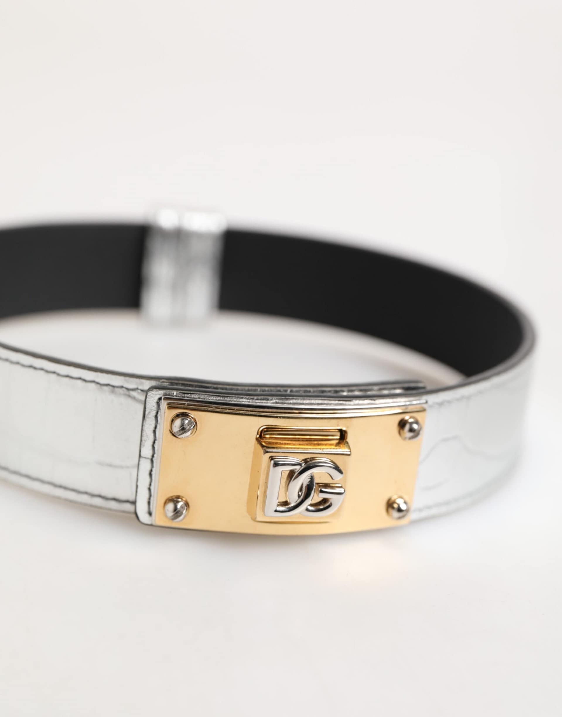 Dolce & Gabbana Silver Textured Leather Gold Tone Metal Neckband - Image 5