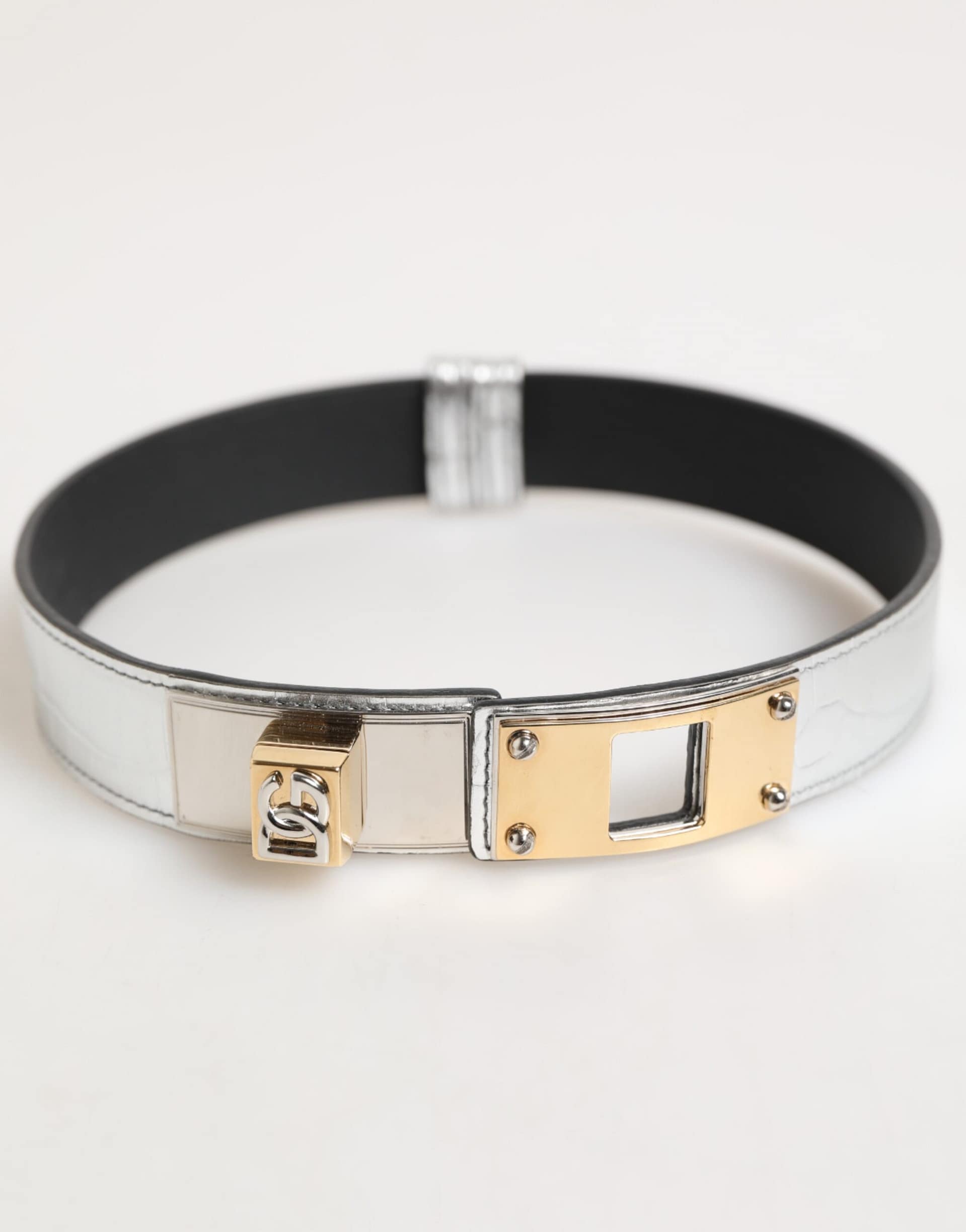 Dolce & Gabbana Silver Textured Leather Gold Tone Metal Neckband - Image 6