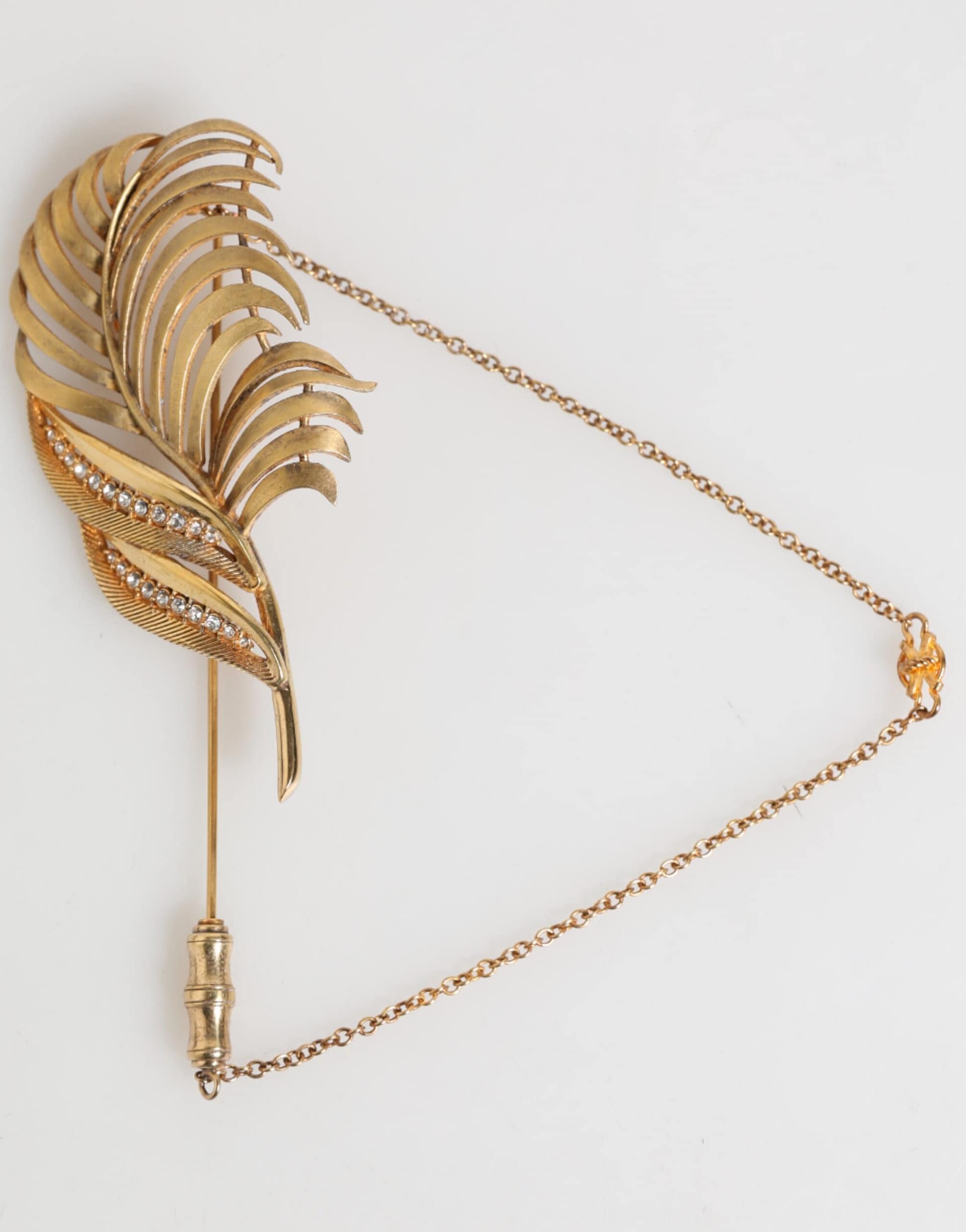 Dolce & Gabbana Gold Tone Leaf 925 Sterling Silver Crystal Chain Brooch - Image 2