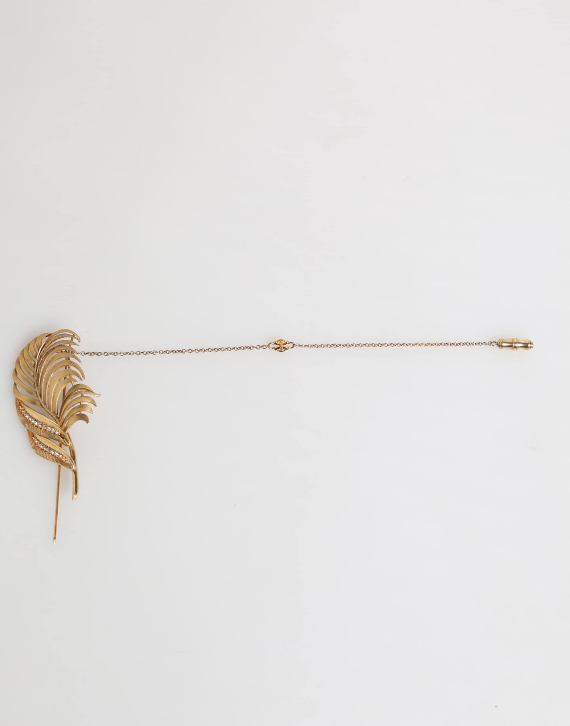 Dolce & Gabbana Gold Tone Leaf 925 Sterling Silver Crystal Chain Brooch - Image 5