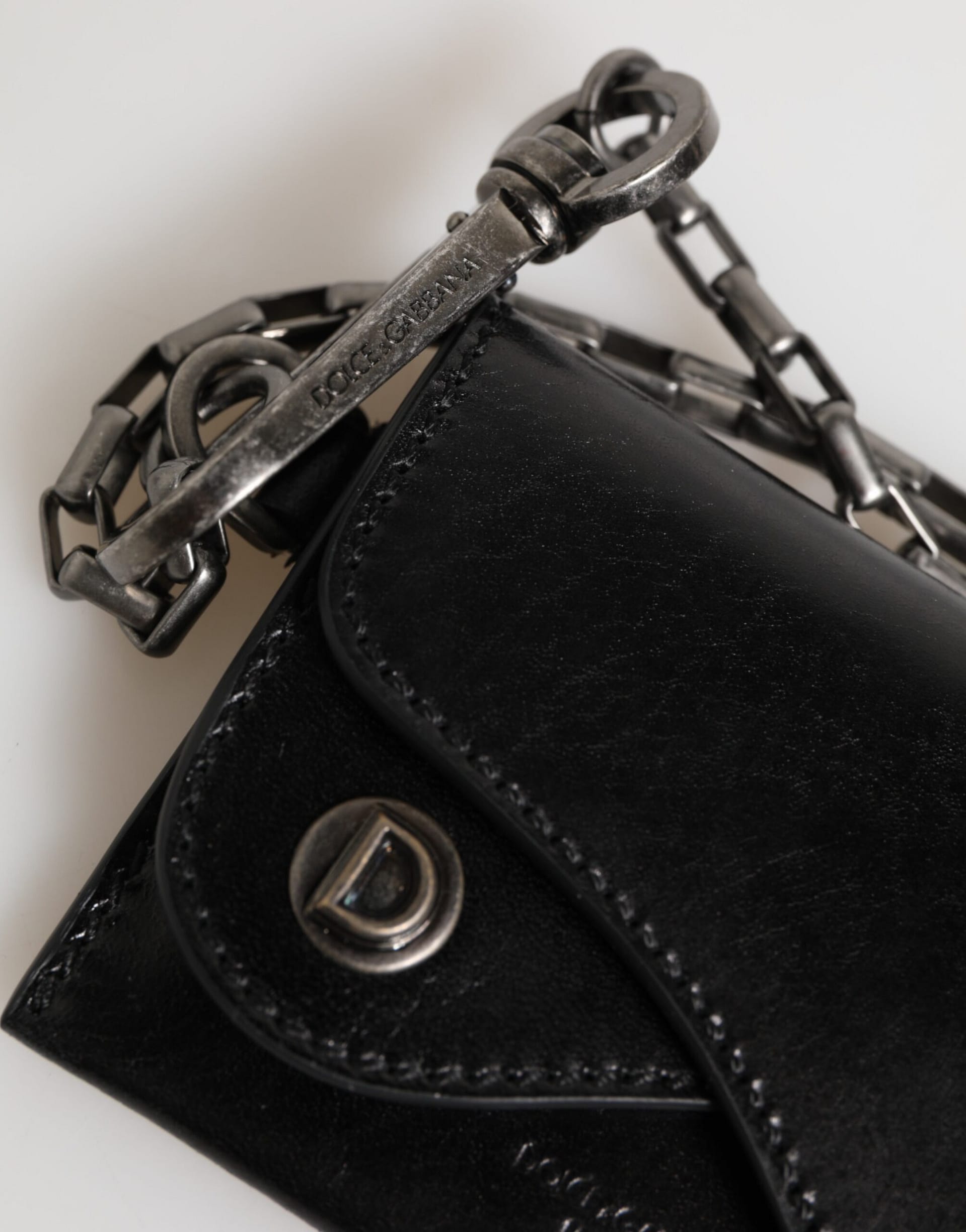 Dolce & Gabbana Black Cavallo Leather Wallet Chain Snap Bifold Card Holder - Image 4