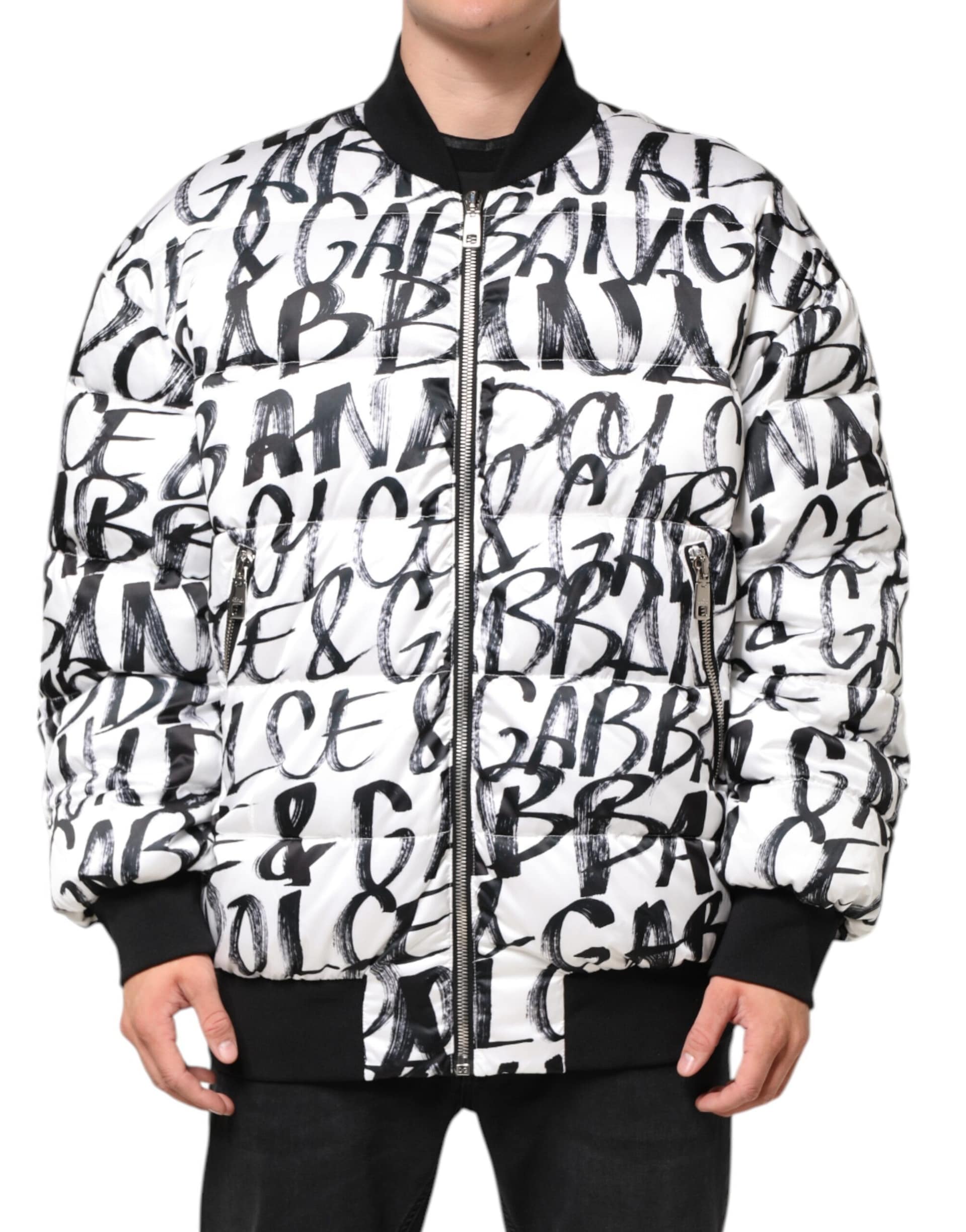 Dolce & Gabbana White Black Graffiti Logo Puffer Bomber Jacket - Image 2