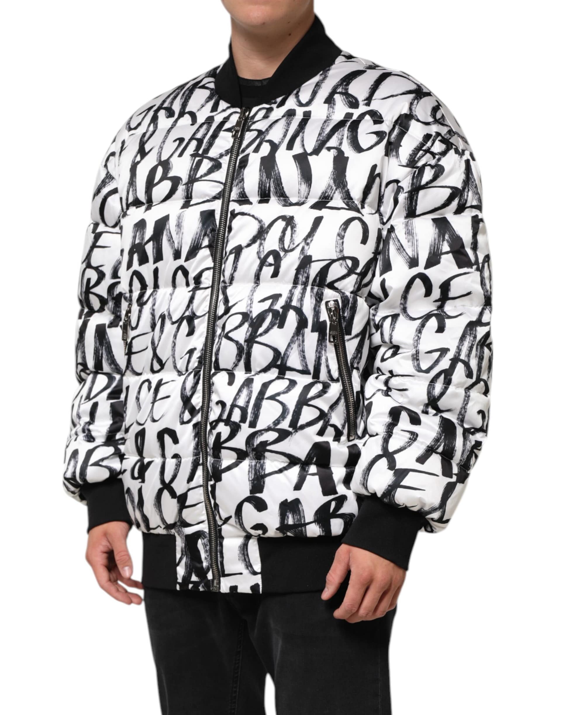 Dolce & Gabbana White Black Graffiti Logo Puffer Bomber Jacket - Image 3