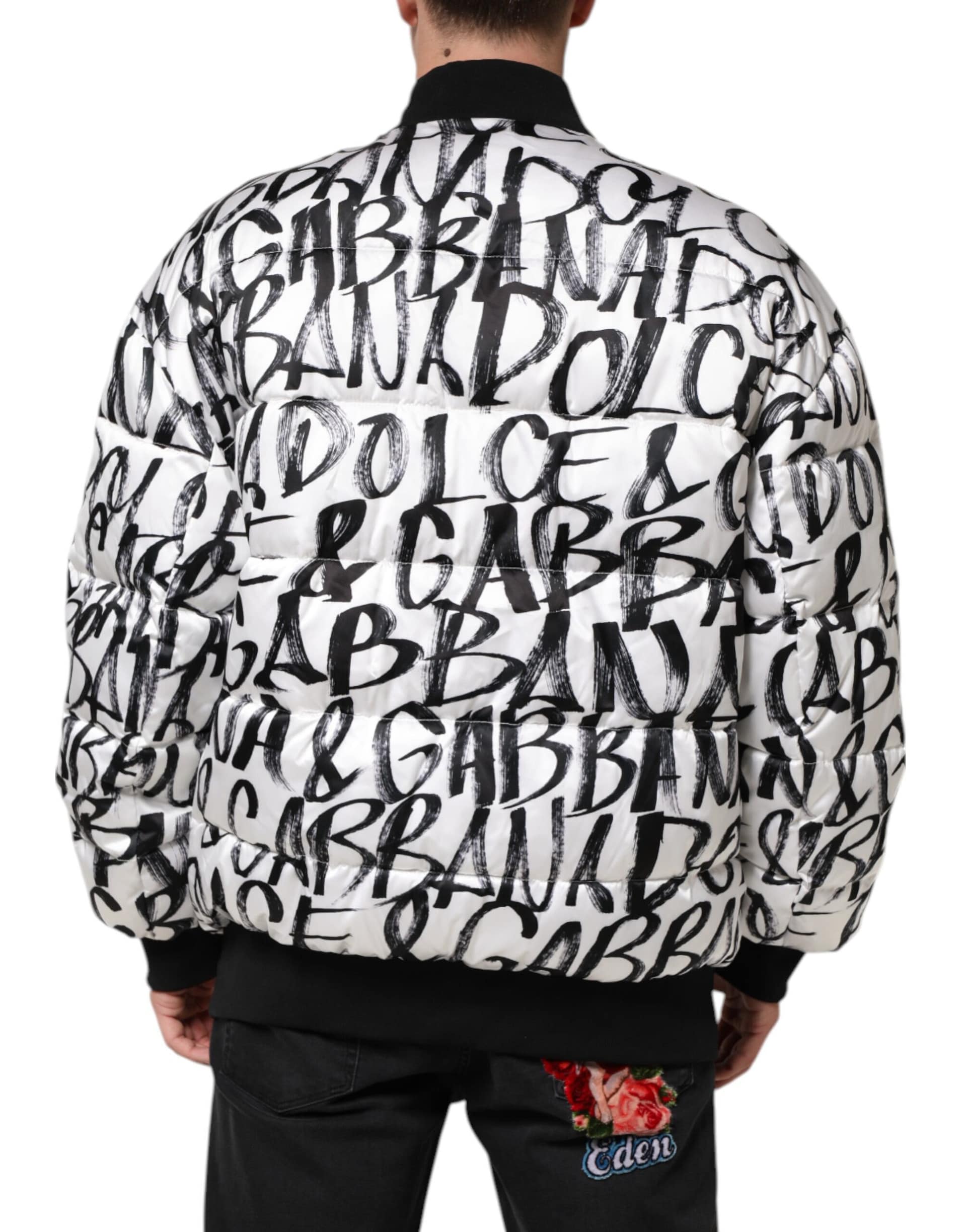 Dolce & Gabbana White Black Graffiti Logo Puffer Bomber Jacket - Image 4