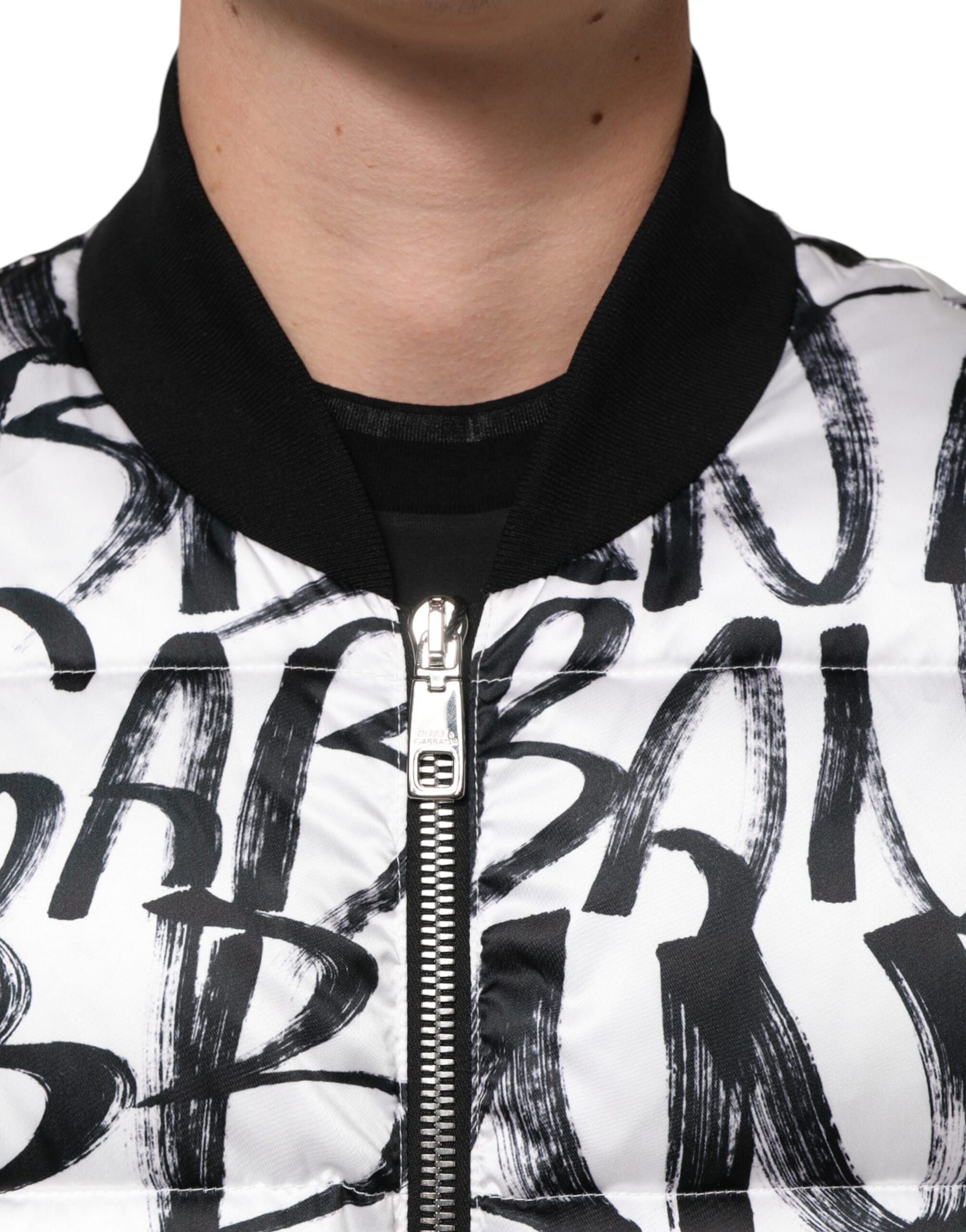 Dolce & Gabbana White Black Graffiti Logo Puffer Bomber Jacket - Image 5