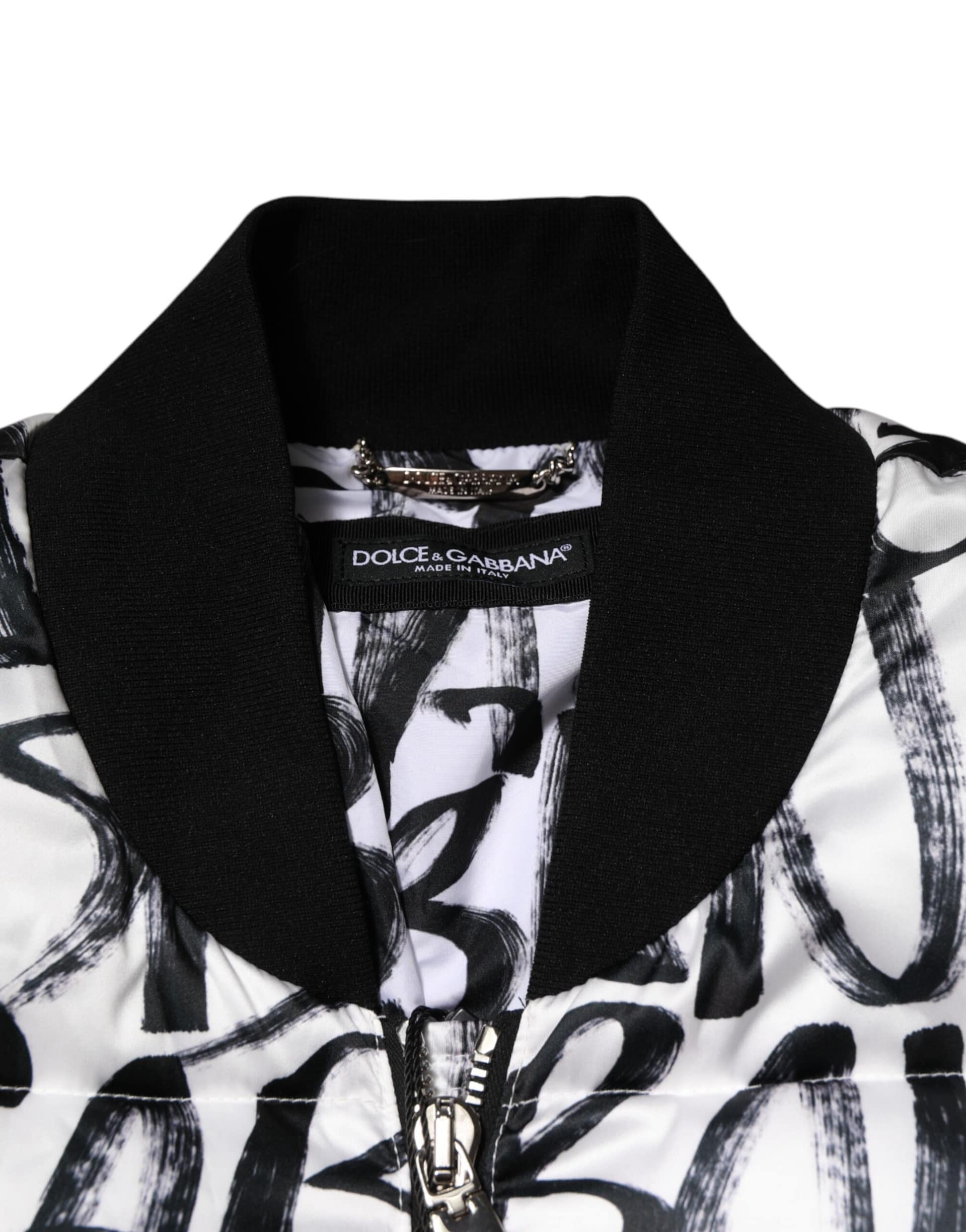Dolce & Gabbana White Black Graffiti Logo Puffer Bomber Jacket - Image 6